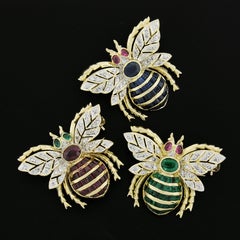Assil 18k TT Gold Diamond Emerald Sapphire & Ruby Set of 3 Bee Pin Brooch