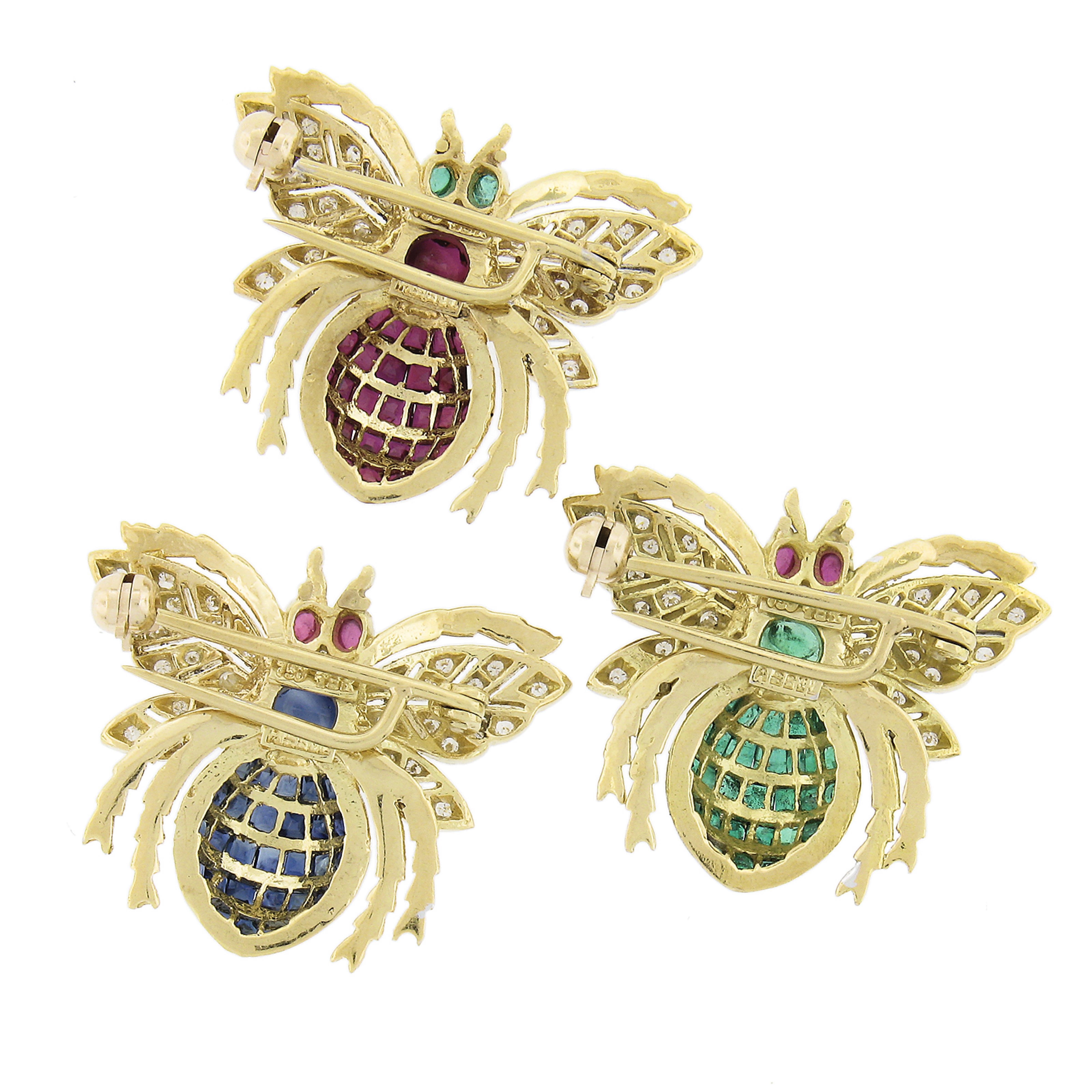 Cabochon Assil 18k TT Gold Diamond Emerald Sapphire & Ruby Set of 3 Bee Pin Brooch For Sale