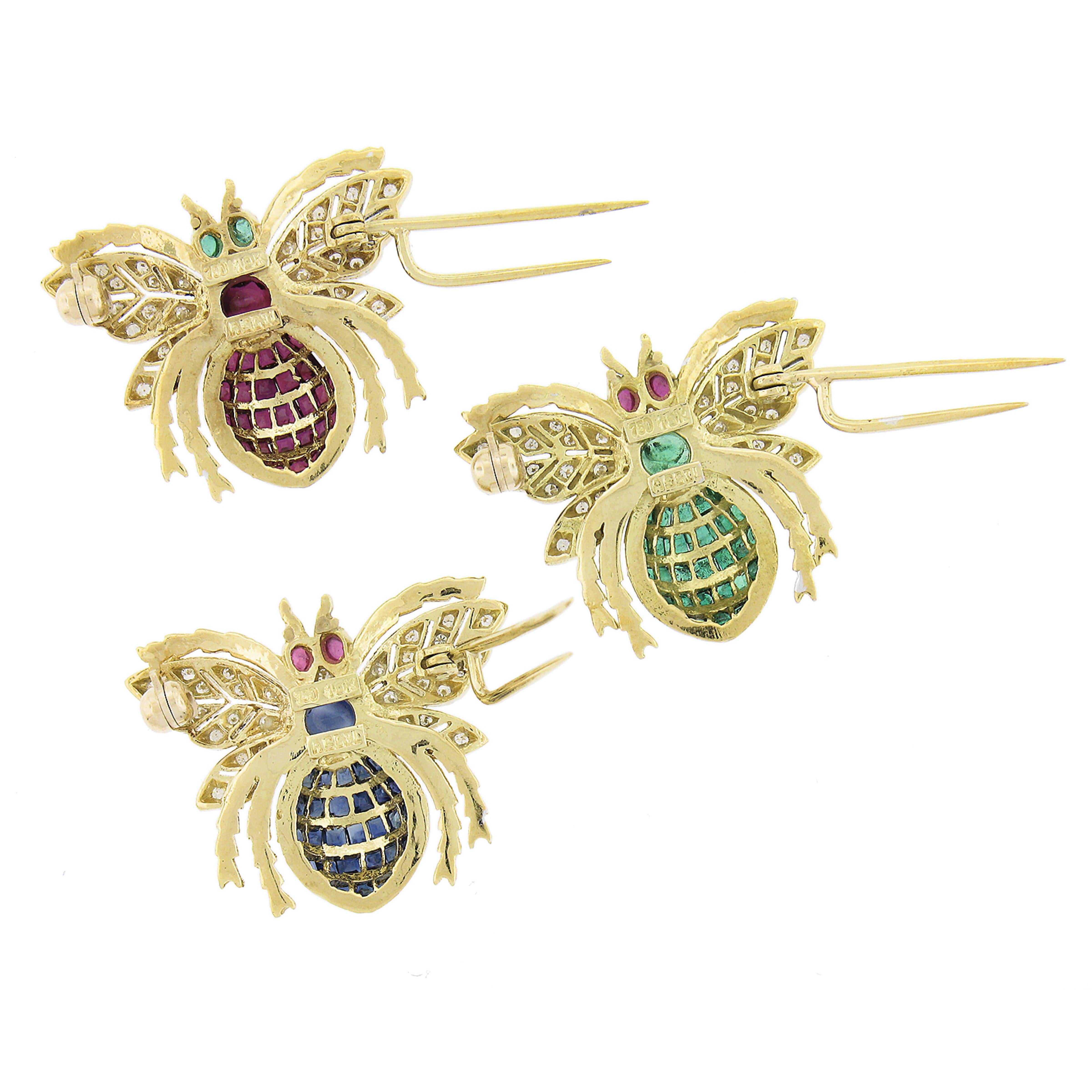 Assil 18k TT Gold Diamond Emerald Sapphire & Ruby Set of 3 Bee Pin Brooch In Excellent Condition For Sale In Montclair, NJ