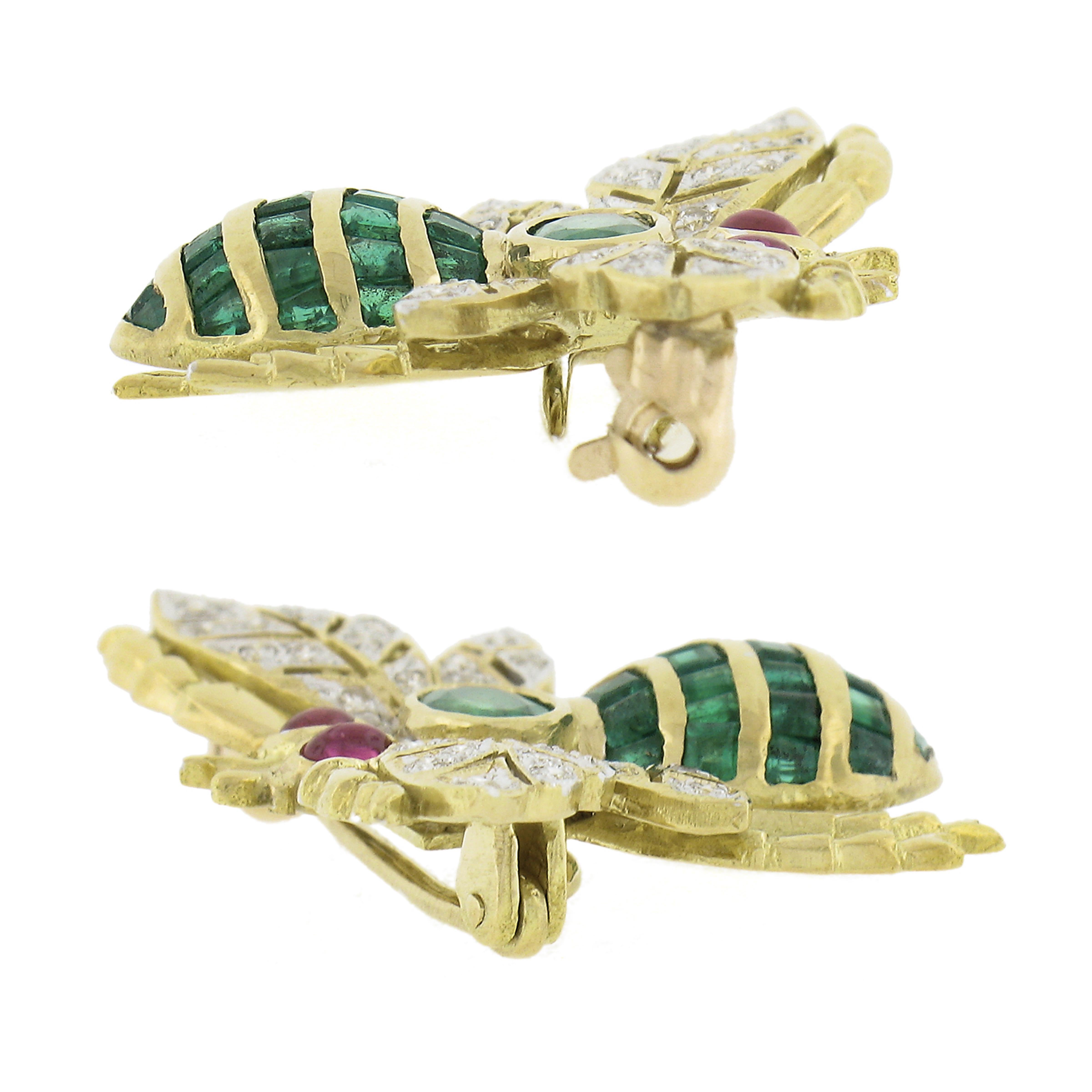 Women's or Men's Assil 18k TT Gold Diamond Emerald Sapphire & Ruby Set of 3 Bee Pin Brooch For Sale