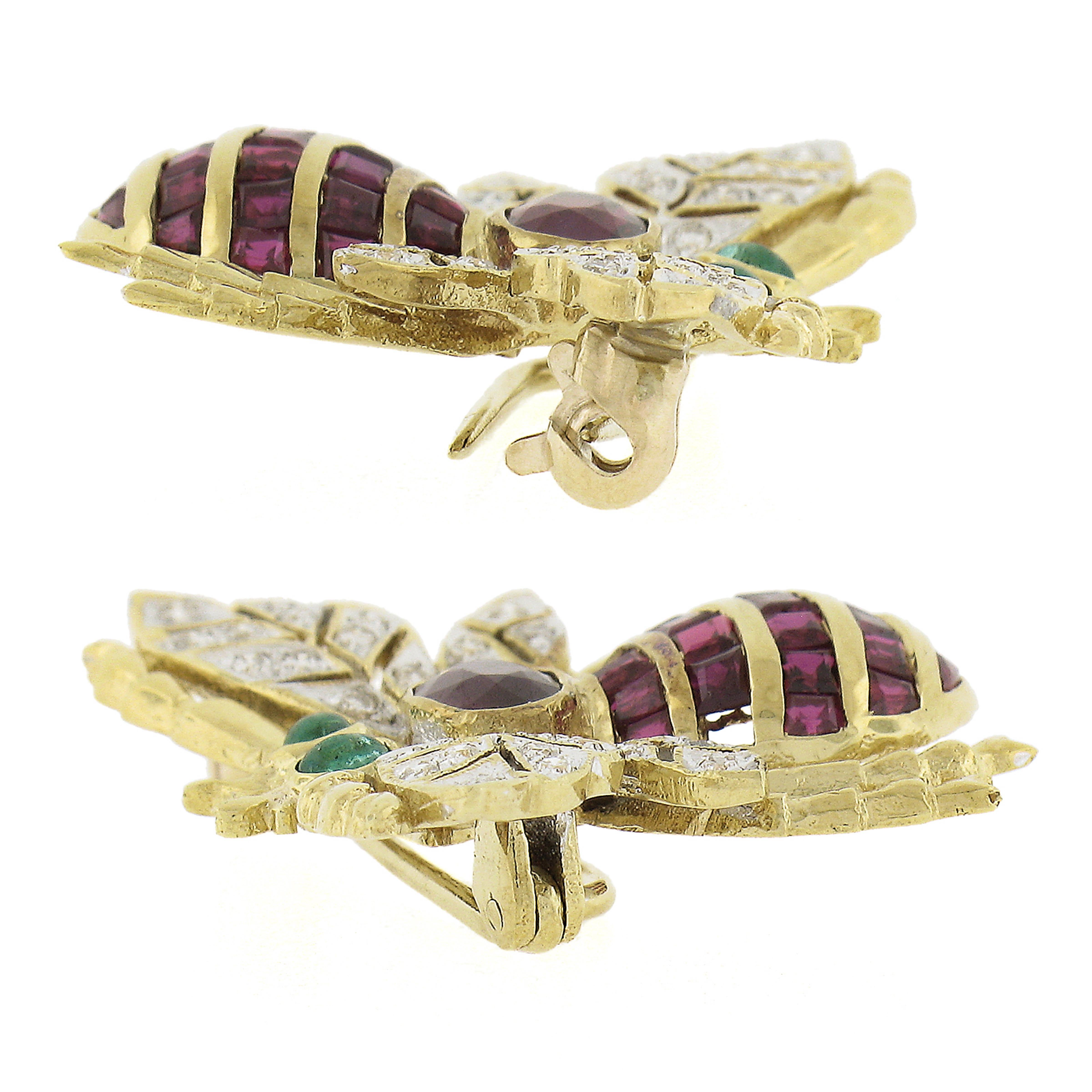 Assil 18k TT Gold Diamond Emerald Sapphire & Ruby Set of 3 Bee Pin Brooch For Sale 1