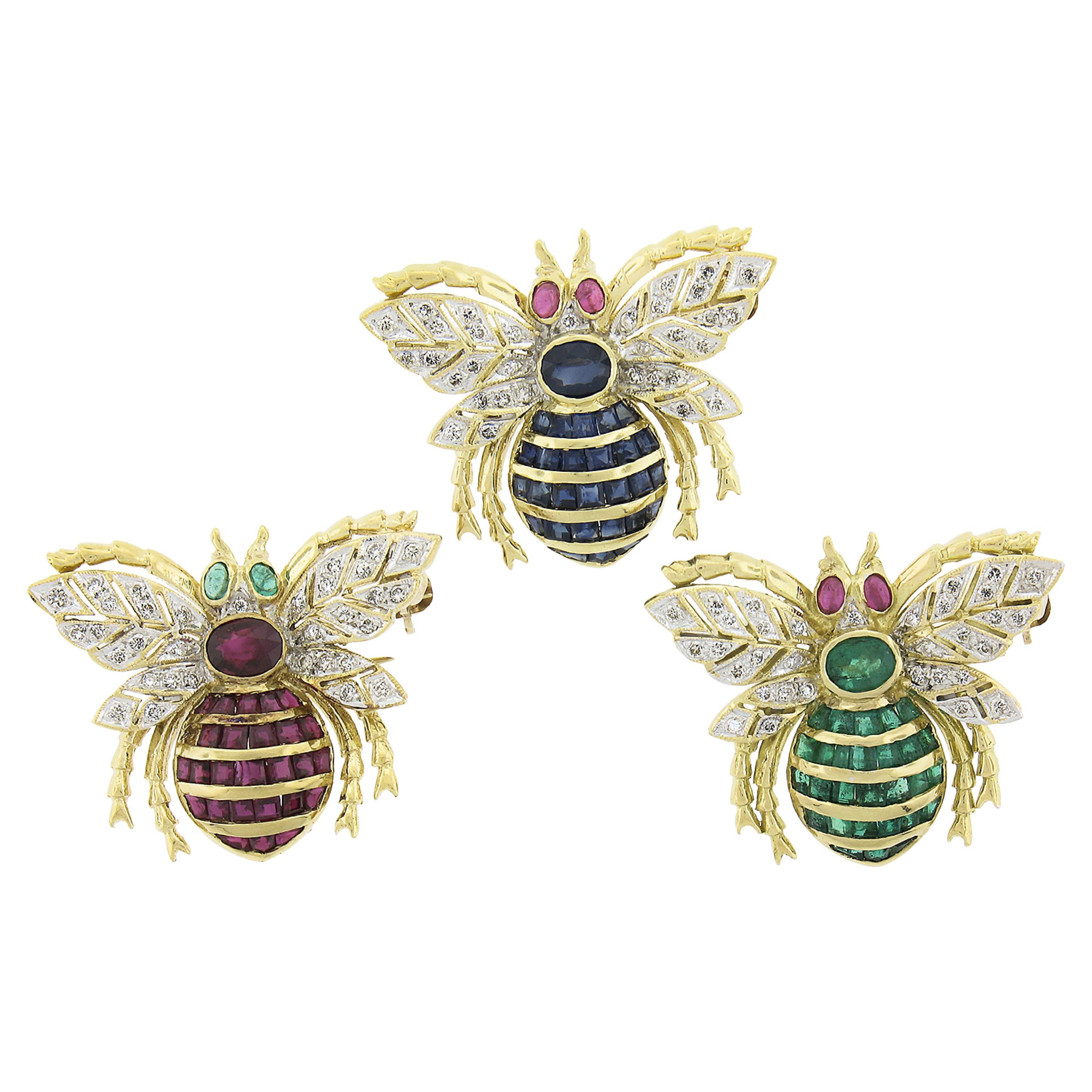 Assil 18k TT Gold Diamond Emerald Sapphire & Ruby Set of 3 Bee Pin Brooch For Sale