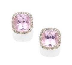 Assil 18k White Gold Kunzite & 5.25 Carat Colored Diamond Earrings, Omega Backs