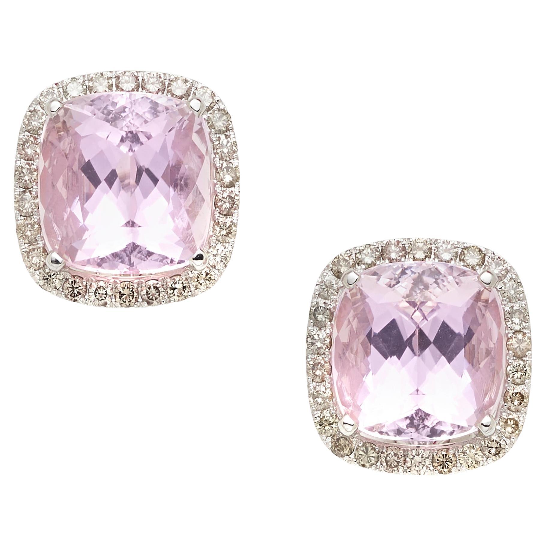 Assil 18k White Gold Kunzite & 5.25 Carat Colored Diamond Earrings, Omega Backs