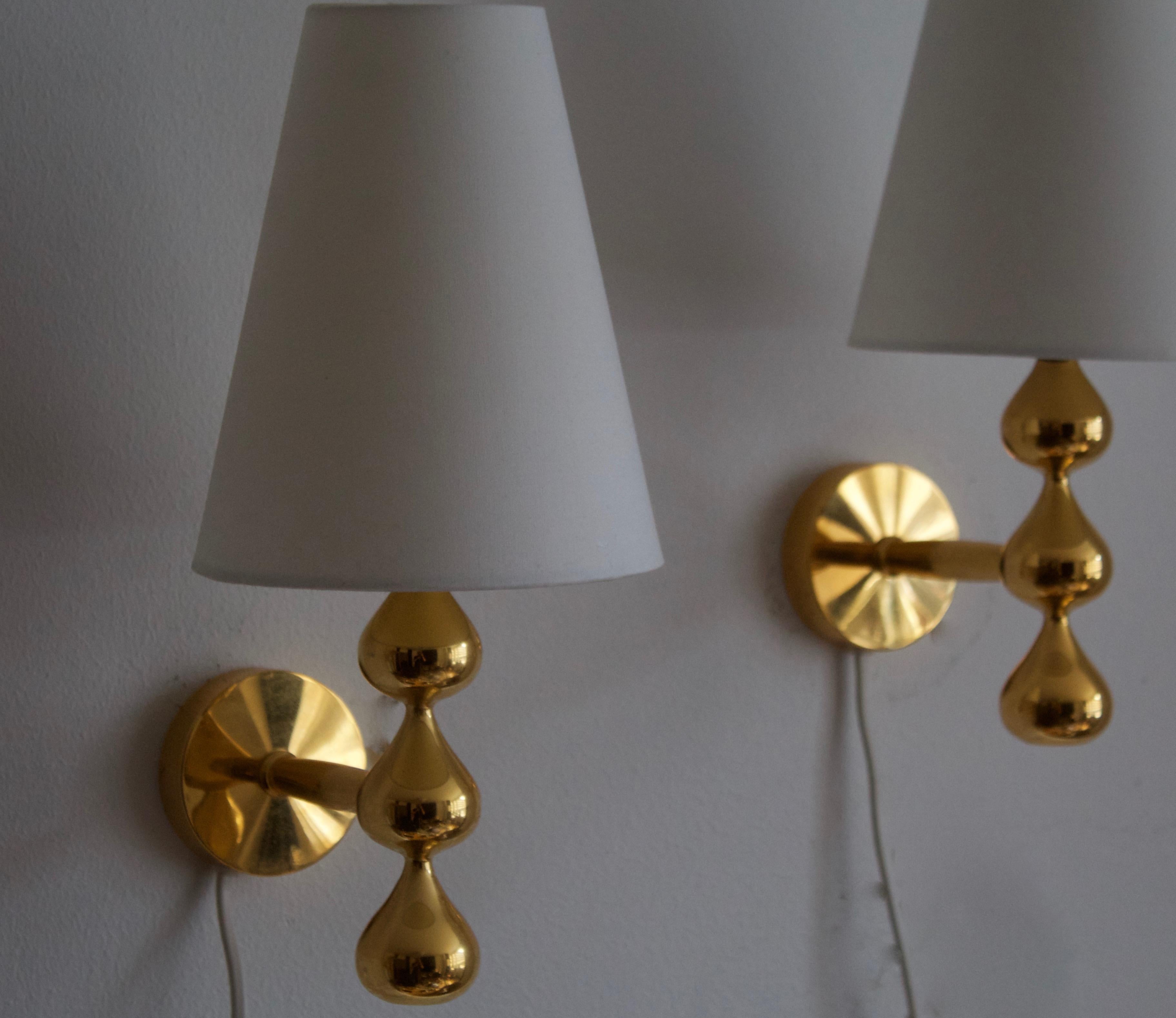 Danish Assmussen Design, Wall Lights, Gold-Plate, Fabric, Denmark, 1975