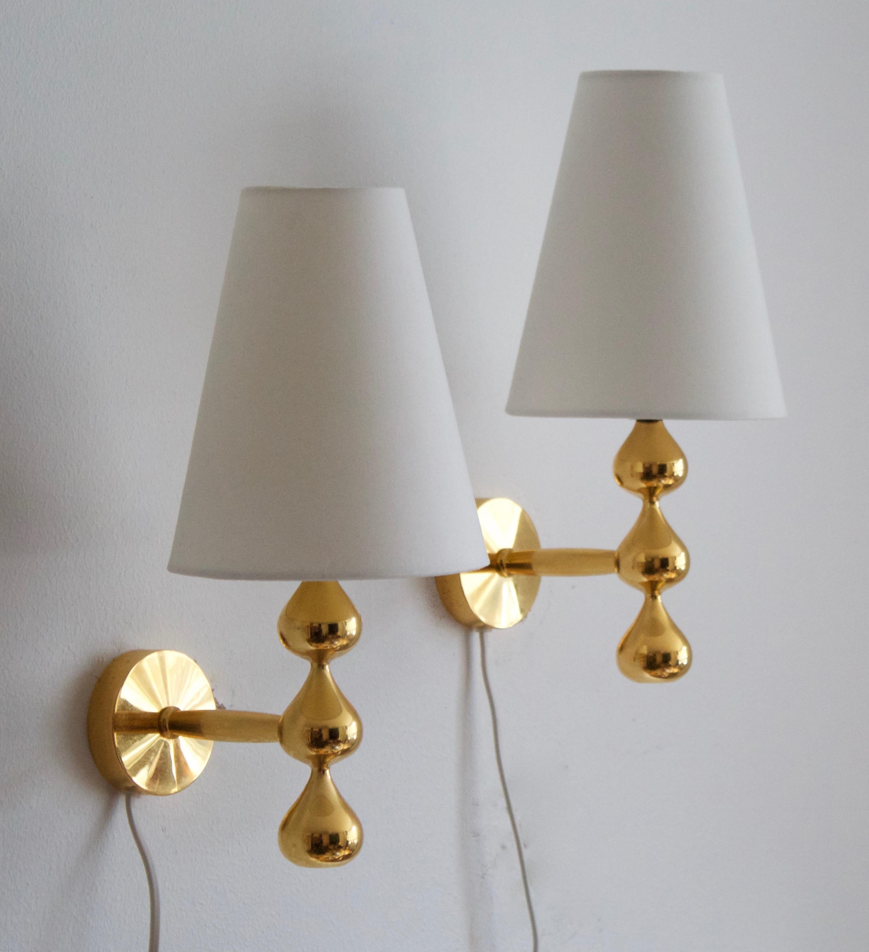Assmussen Design, Wall Lights, Gold-Plate, Fabric, Denmark, 1975 In Good Condition For Sale In High Point, NC