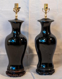 Associated Pair of 19th Century Chinese Porcelain Mirror Black Lamps