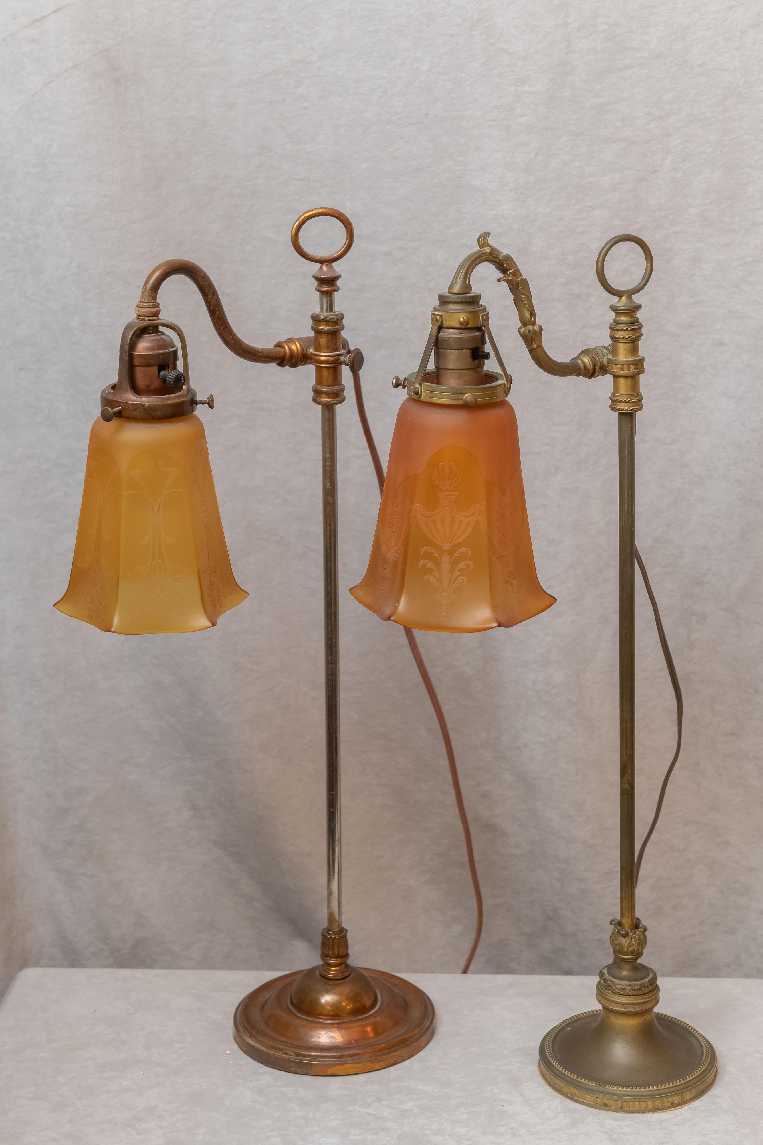 Associated Pair of Art Nouveau Table Lamps w/ Period Glass Shades, circa 1910 For Sale 2