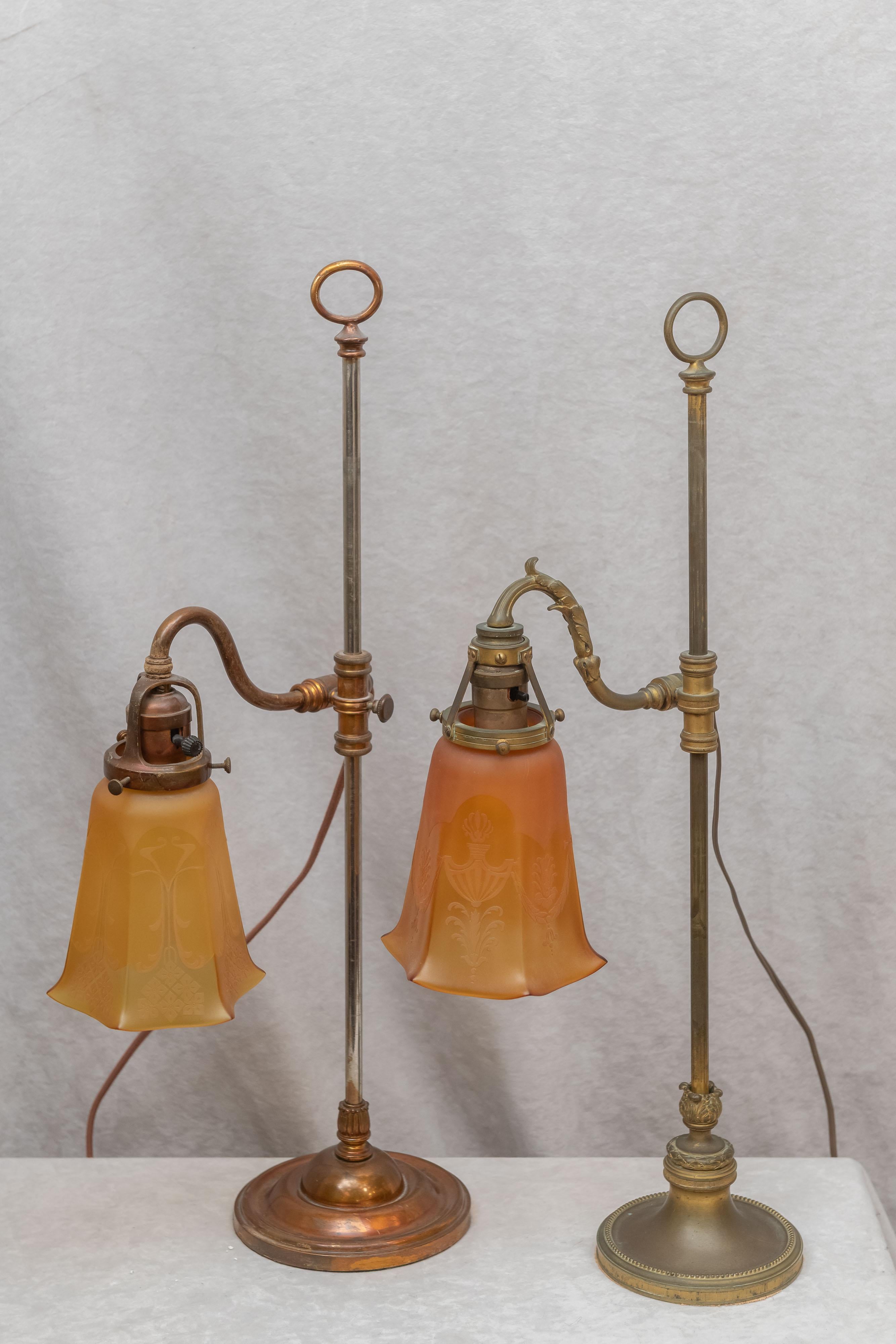 German Associated Pair of Art Nouveau Table Lamps w/ Period Glass Shades, circa 1910 For Sale