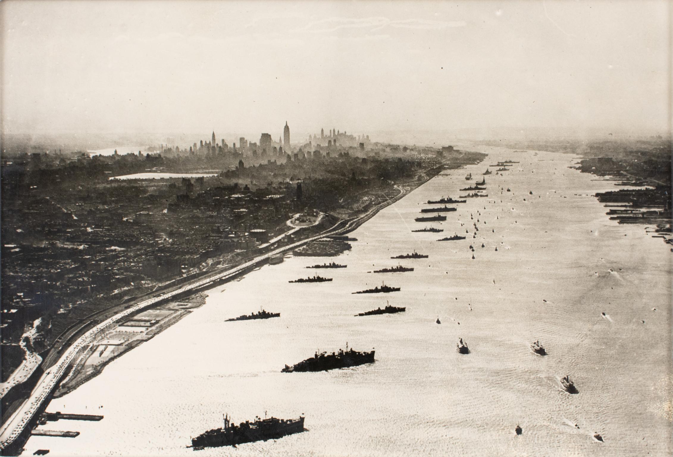 Associated Press Landscape Photograph - Hudson River, New York Navy Day 1945, Silver Gelatin B and W Photography Framed