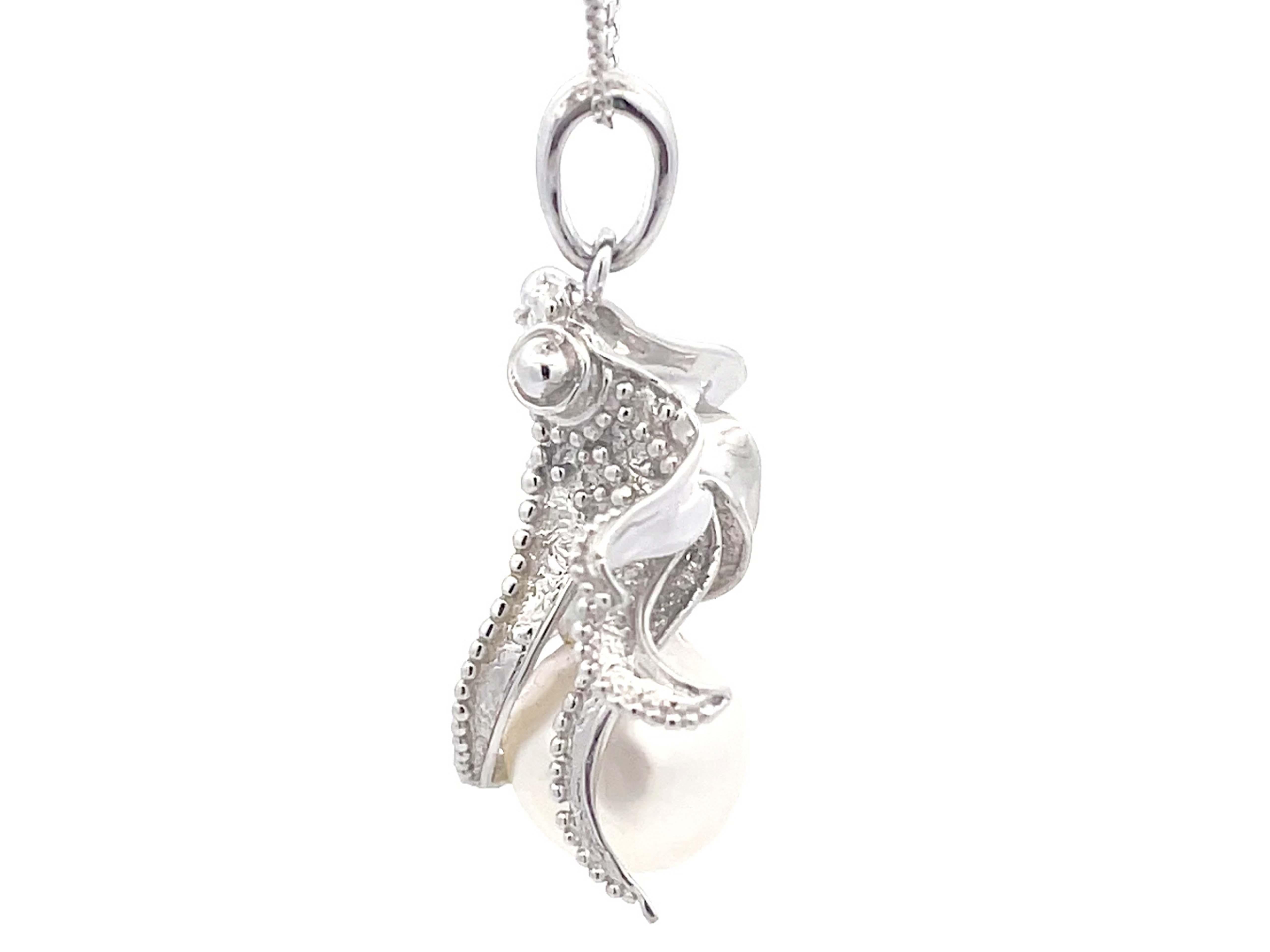 Women's Assor Gioielli Octopus Baroque Pearl Pendant on Chain in 18k White Gold For Sale