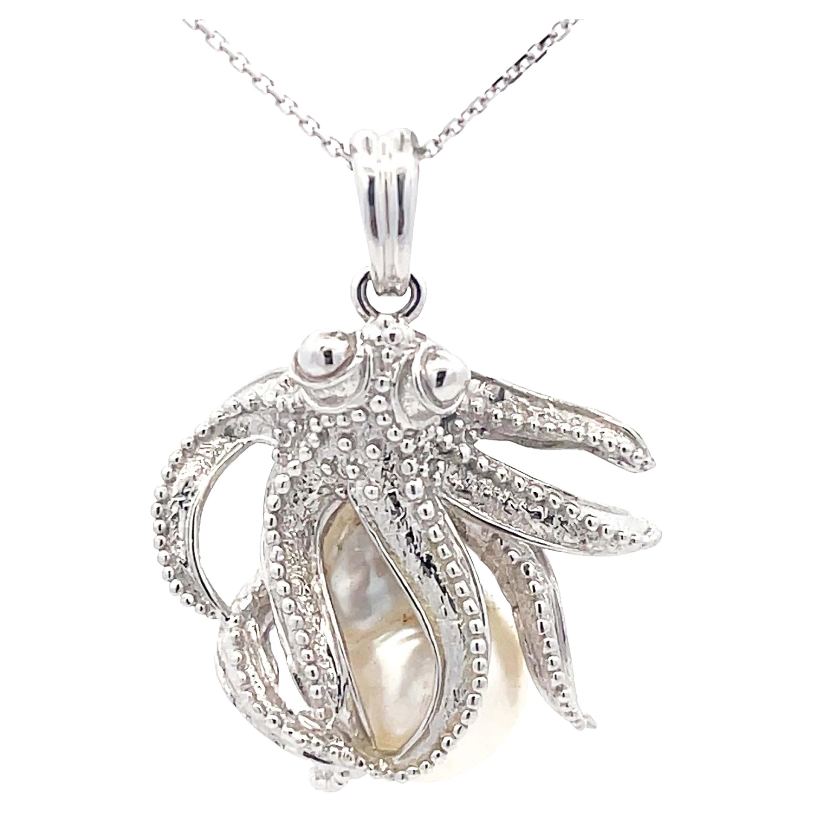 Assor Gioielli Octopus Baroque Pearl Pendant on Chain in 18k White Gold For Sale