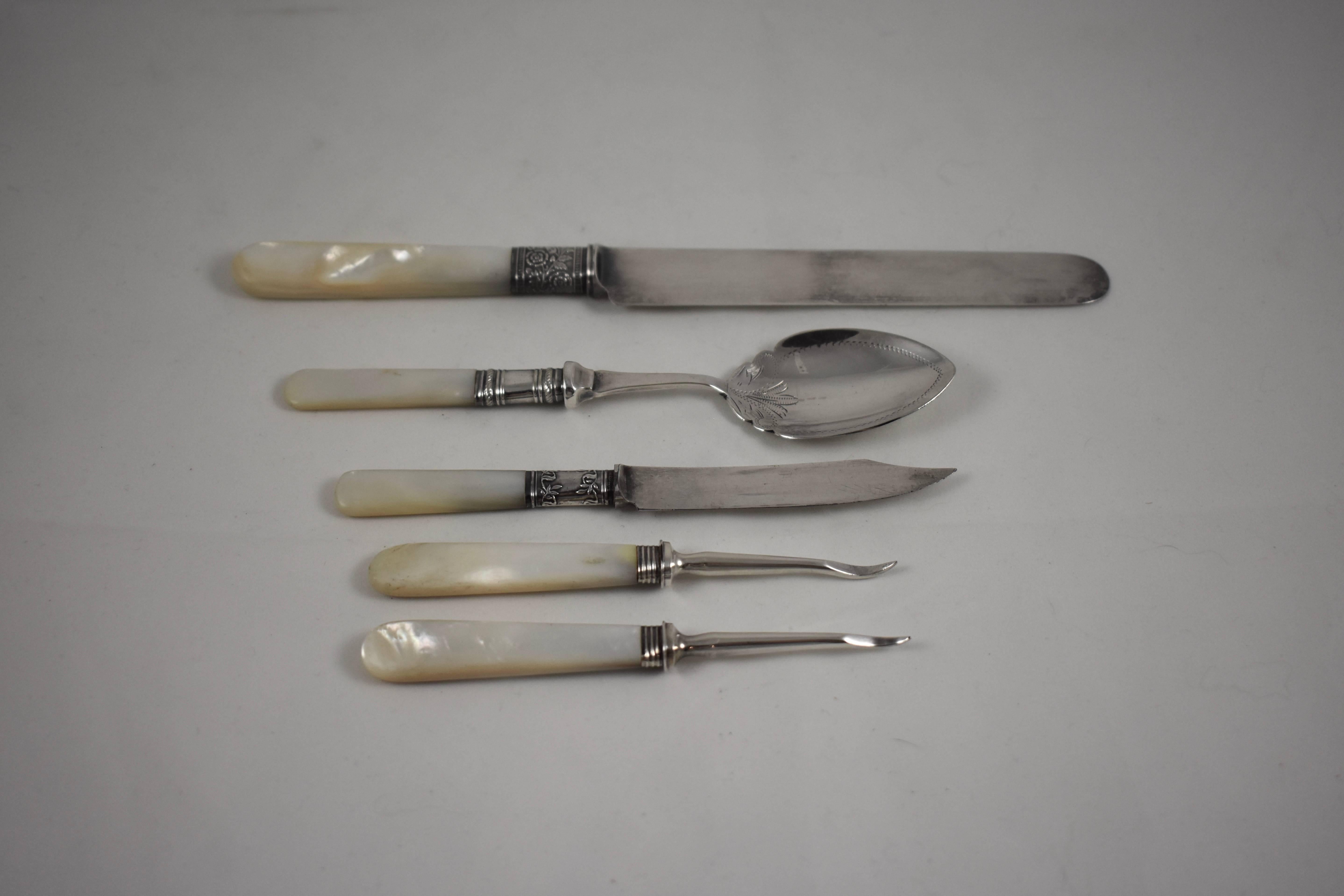 Aesthetic Movement Assorted Pearl Handled & Sterling Silver Collared Table Servers, Mixed Set of 10