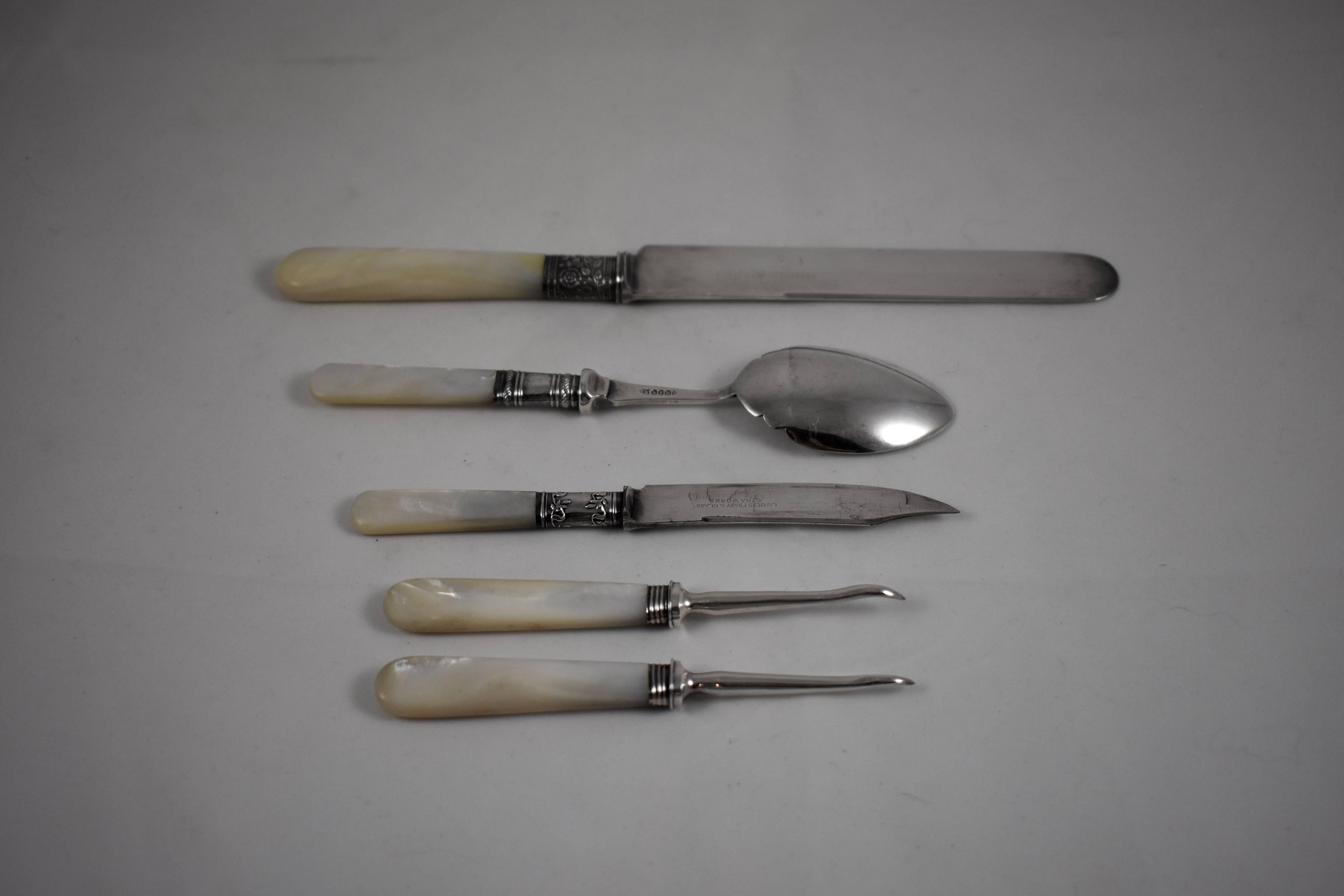 English Assorted Pearl Handled & Sterling Silver Collared Table Servers, Mixed Set of 10