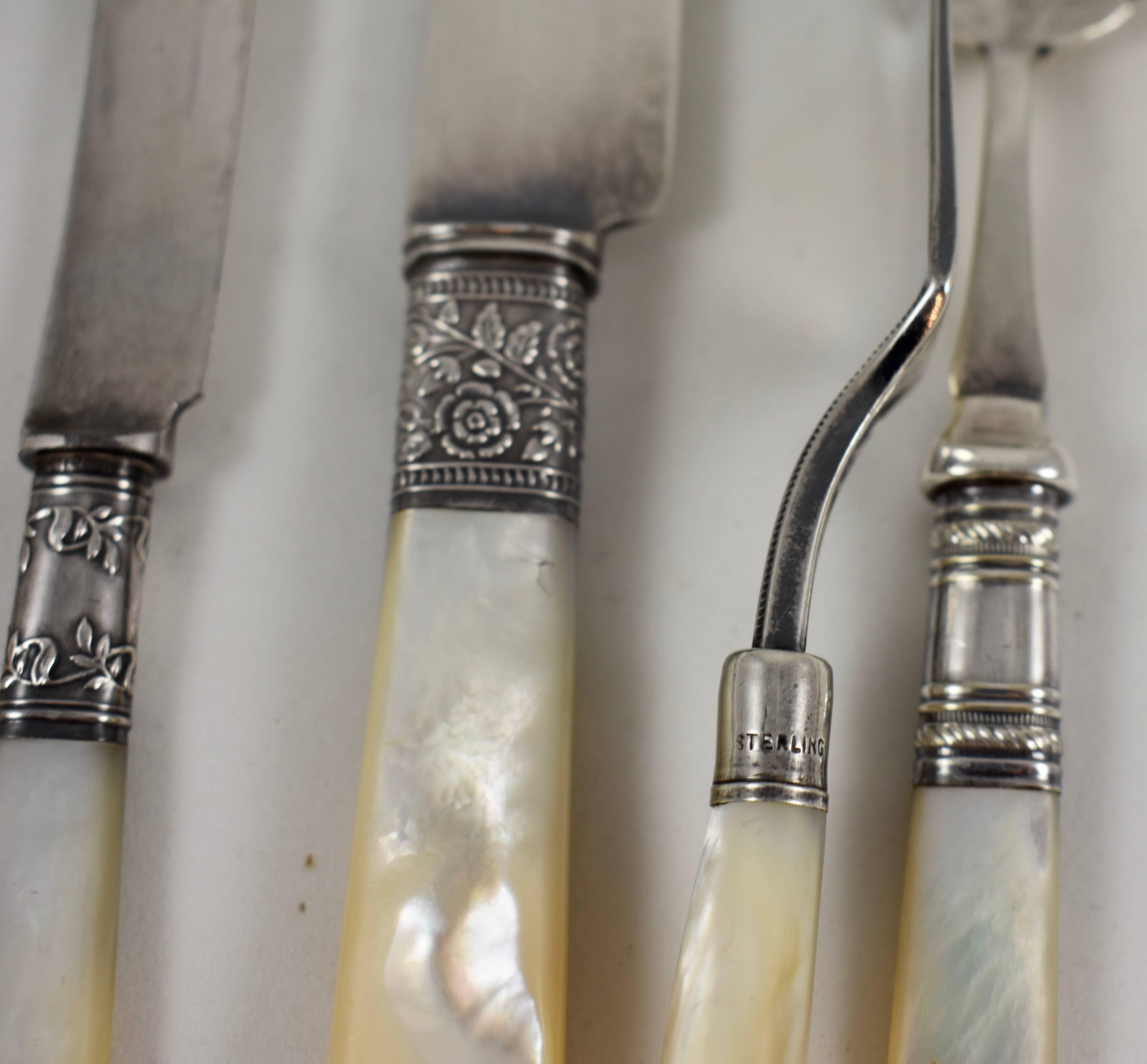 Hand-Carved Assorted Pearl Handled & Sterling Silver Collared Table Servers, Mixed Set of 10