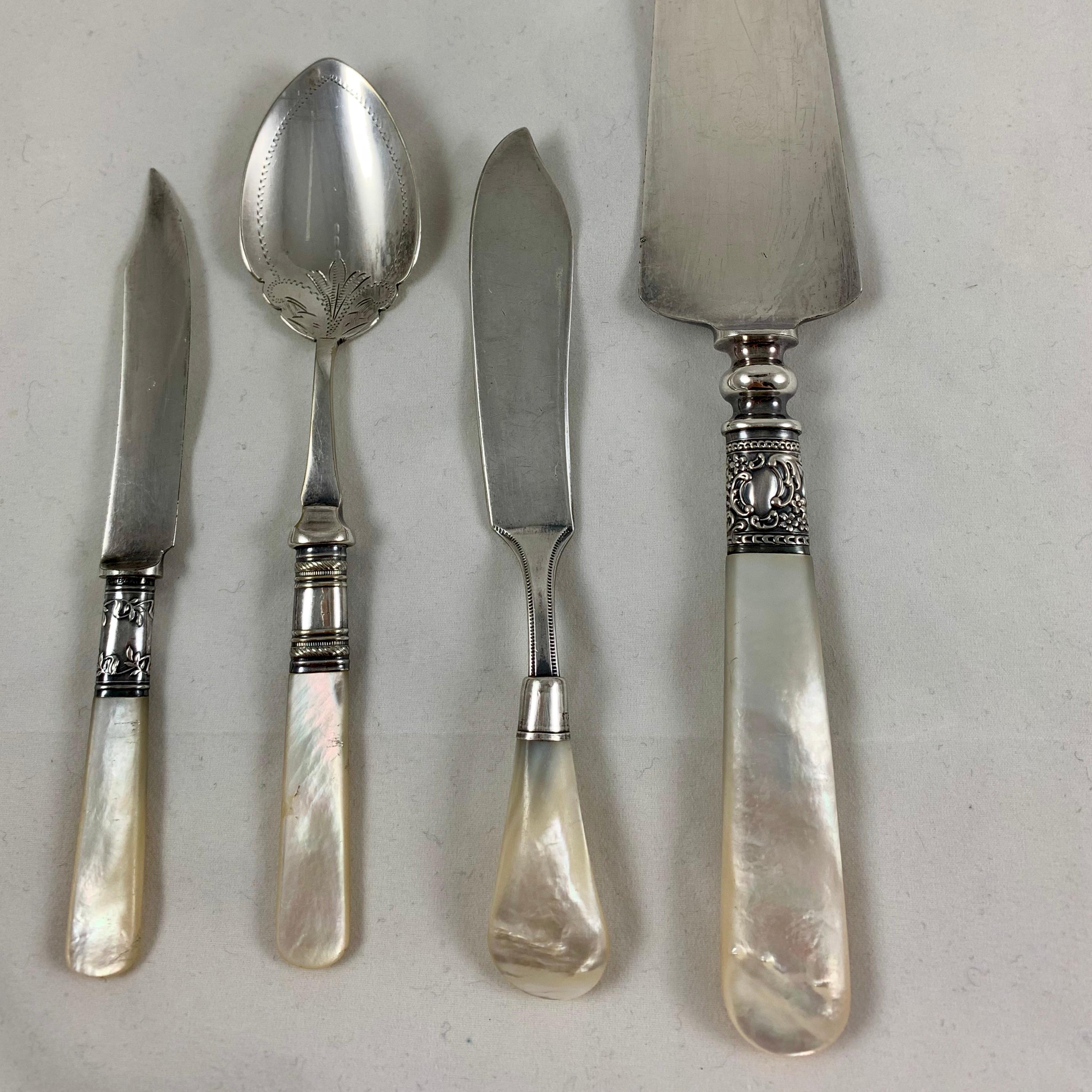 19th Century Assorted Pearl Handled & Sterling Silver Collared Table Servers, Mixed Set of 10