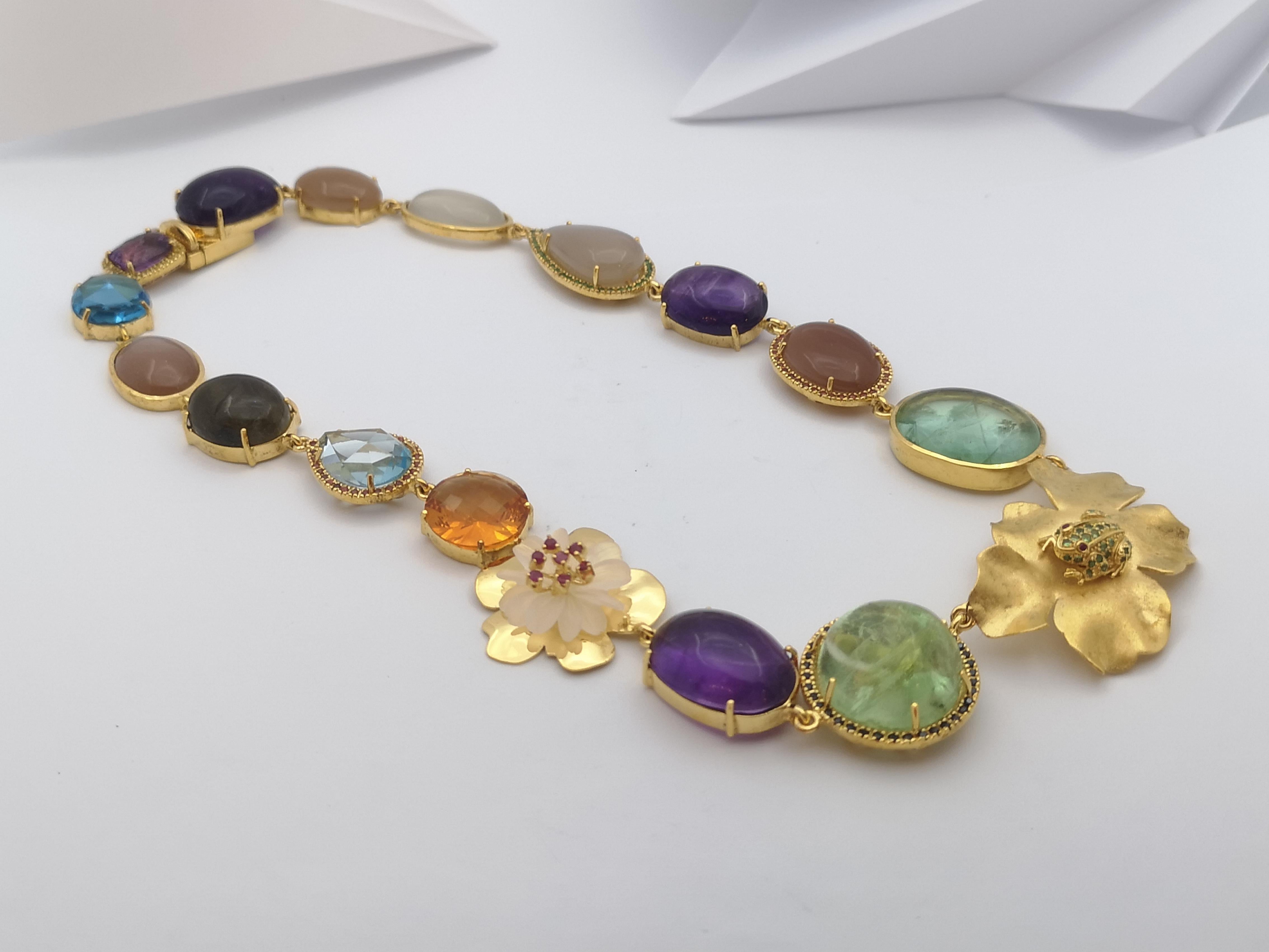 Assorted Semi Precious Stone, Sapphire, Ruby and Tsavorite Necklace Silver For Sale 2