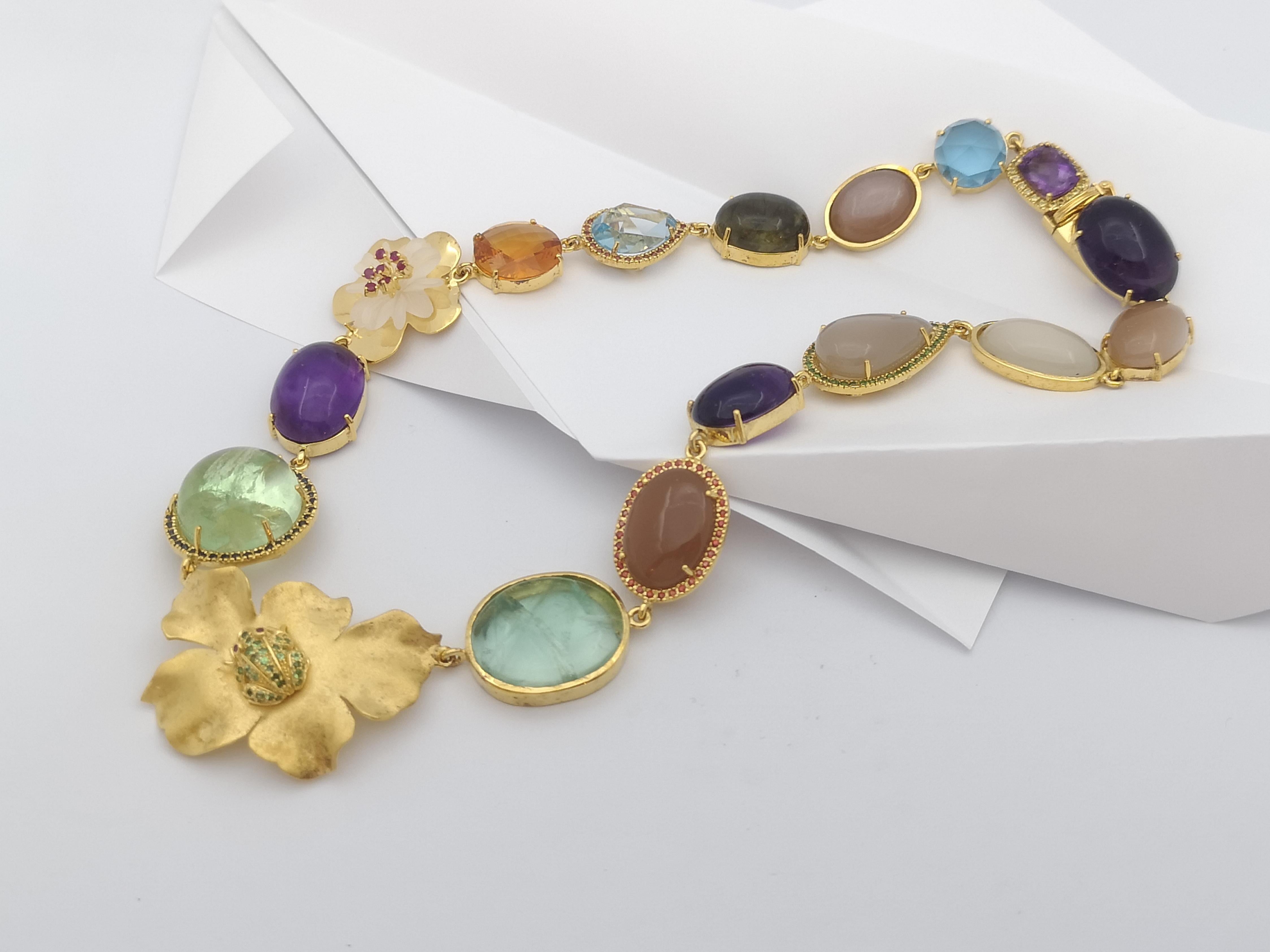 Assorted Semi Precious Stone, Sapphire, Ruby and Tsavorite Necklace Silver For Sale 6