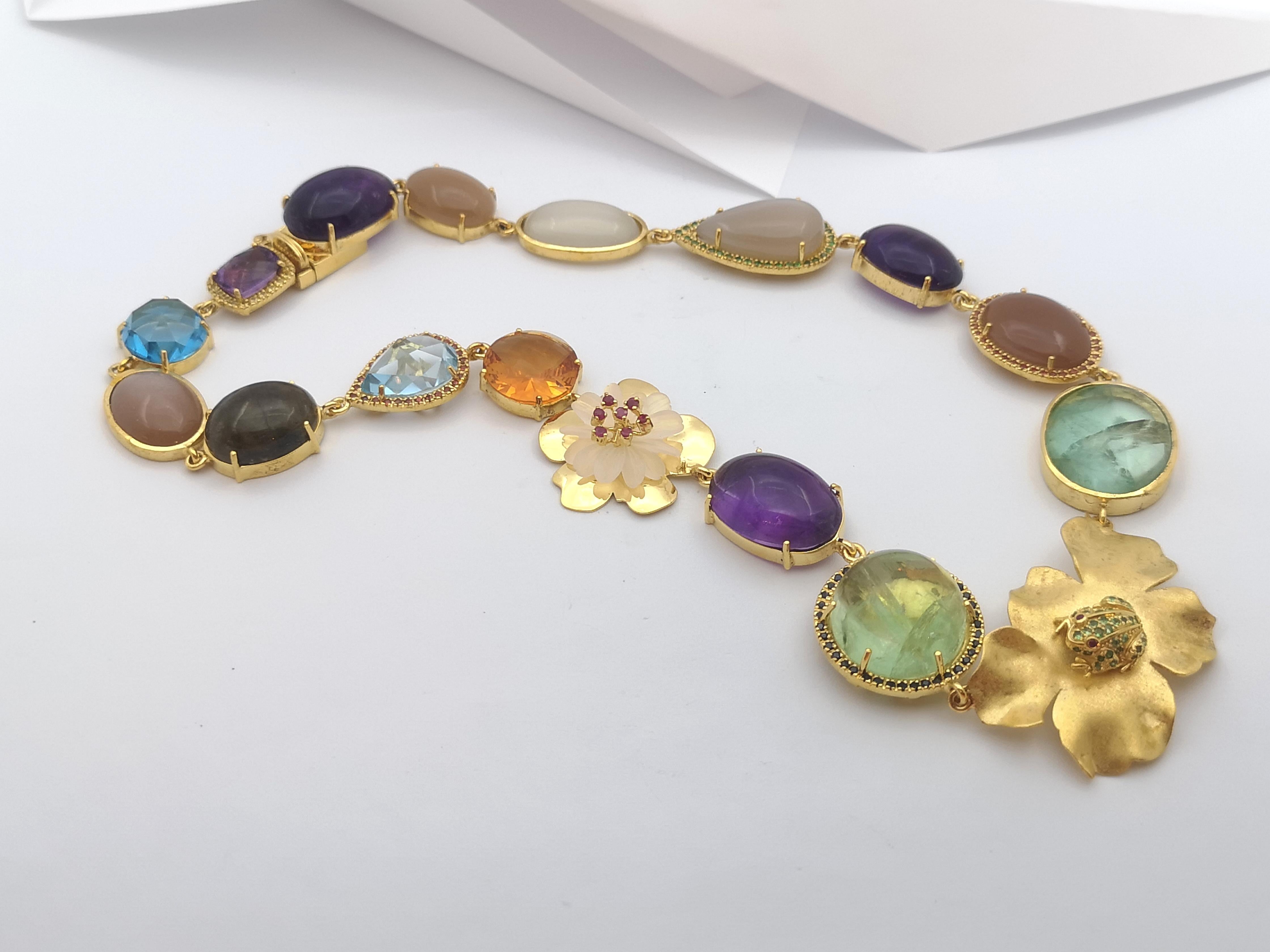 Assorted Semi Precious Stone, Sapphire, Ruby and Tsavorite Necklace Silver For Sale 7