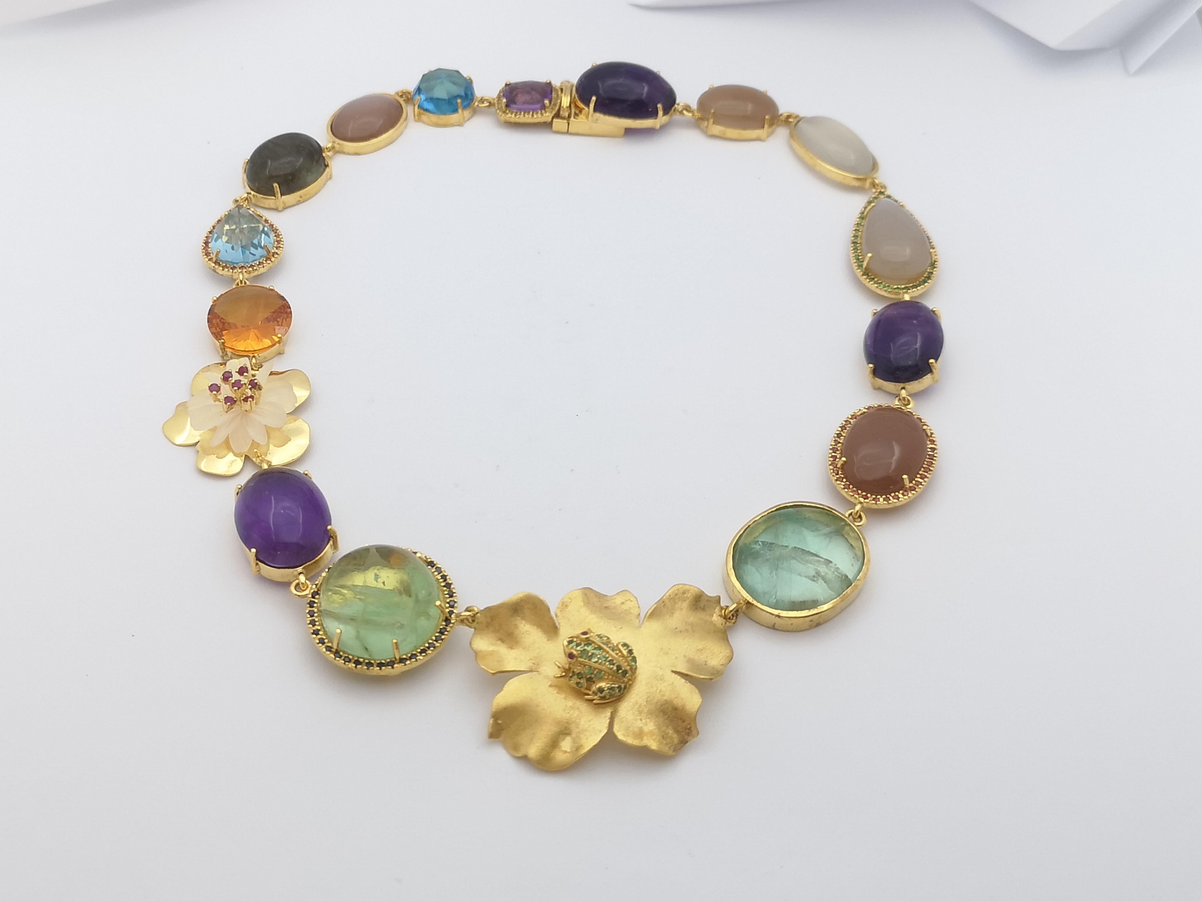 Women's or Men's Assorted Semi Precious Stone, Sapphire, Ruby and Tsavorite Necklace Silver For Sale