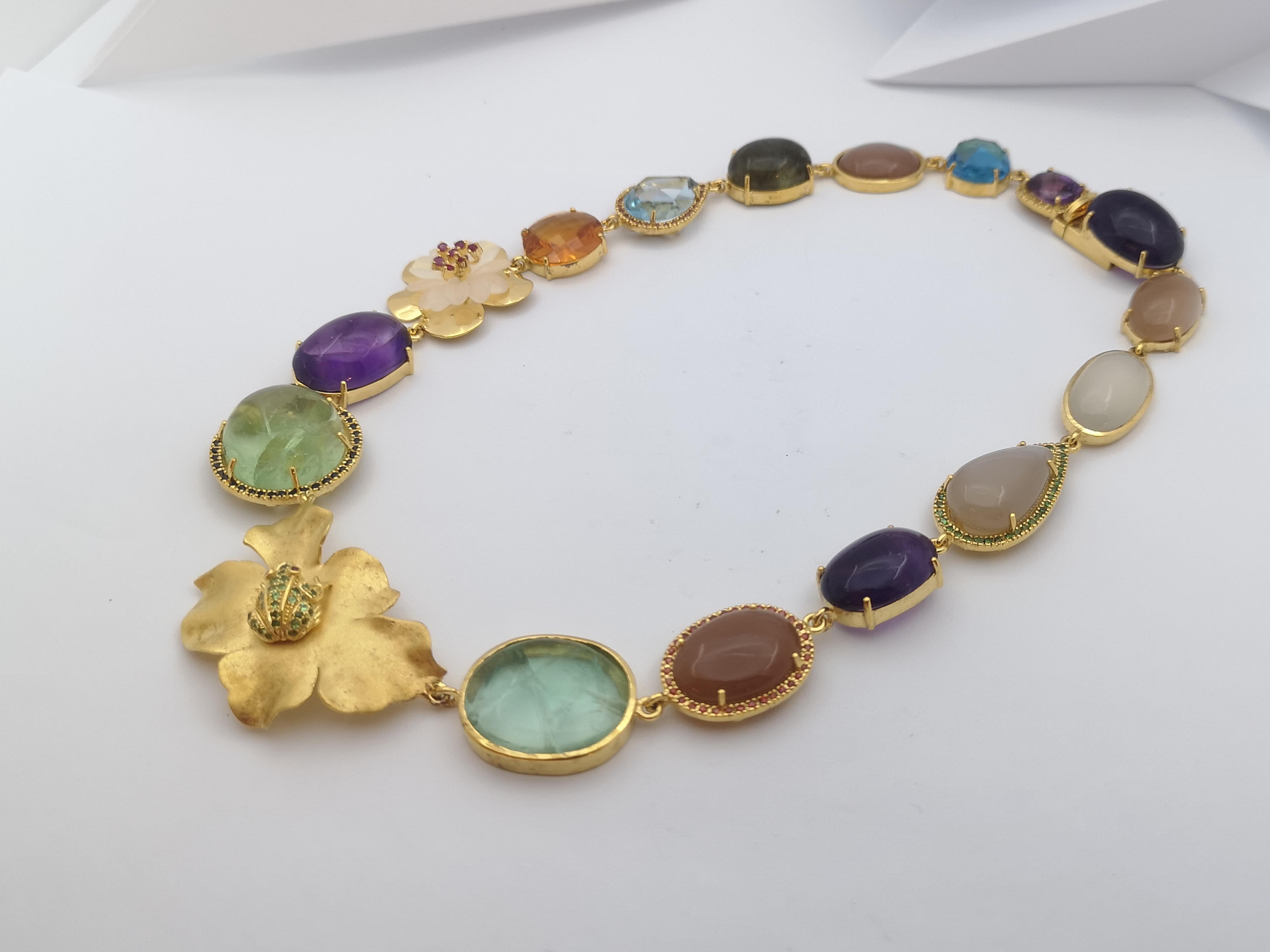 Assorted Semi Precious Stone, Sapphire, Ruby and Tsavorite Necklace Silver For Sale 1