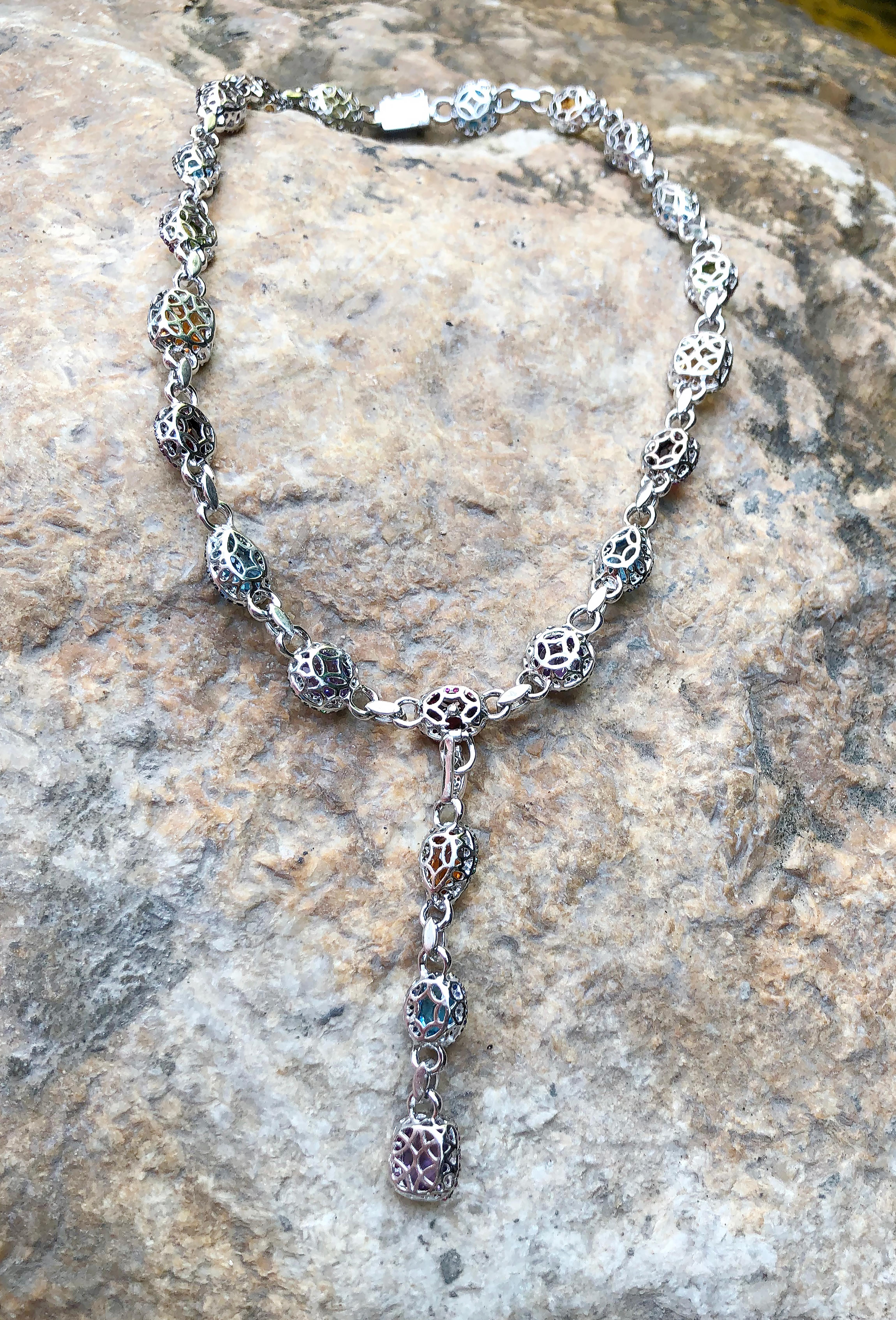 Assorted Semi-Precious Stones Necklace Detachable Pendant Set in 18k White Gold For Sale 2