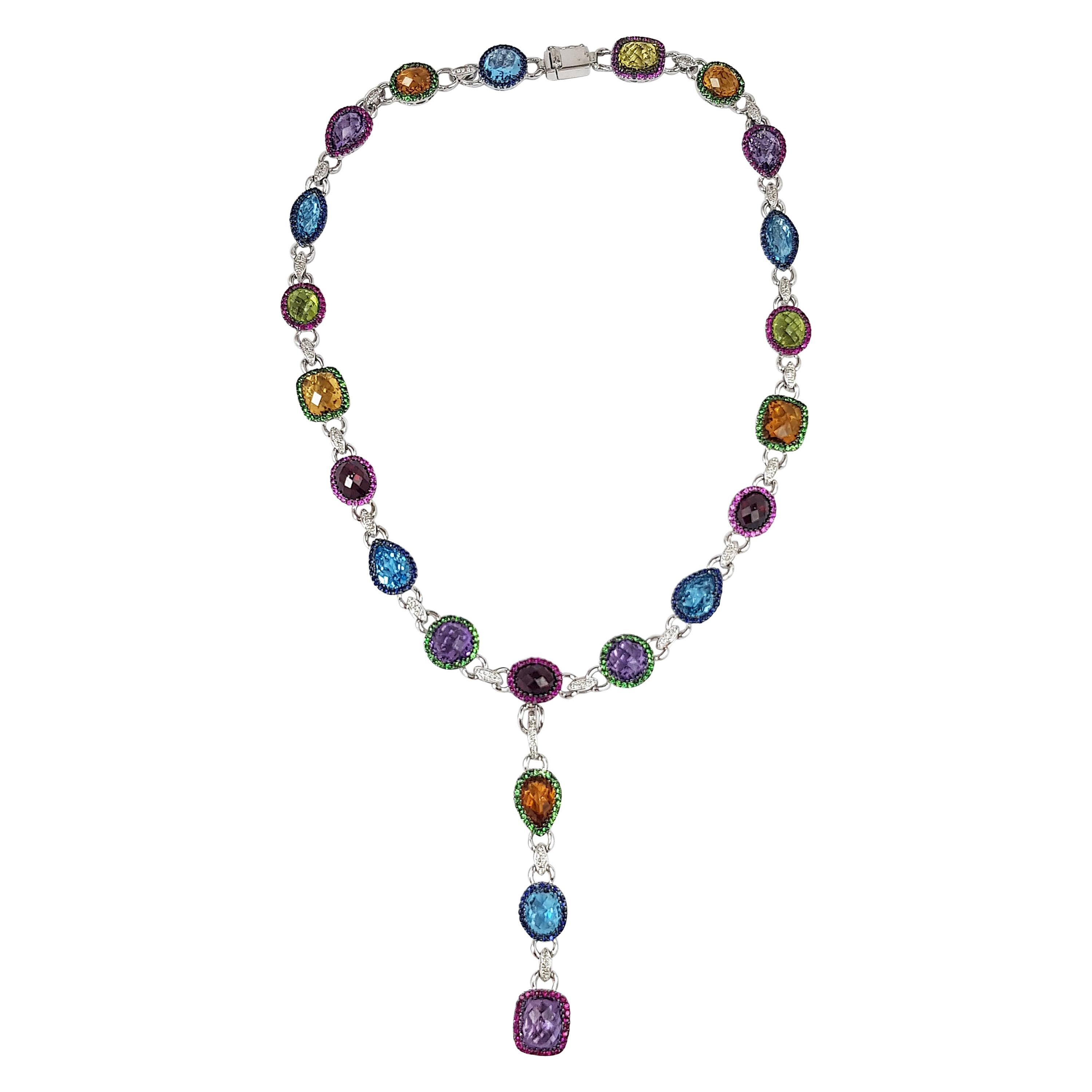 Assorted Semi-Precious Stones Necklace Detachable Pendant Set in 18k White Gold For Sale