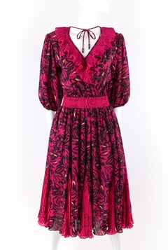 ASSORTI for SUSAN FREIS c.1980’s Purple Black Floral Pleated Ruffle Midi Dress