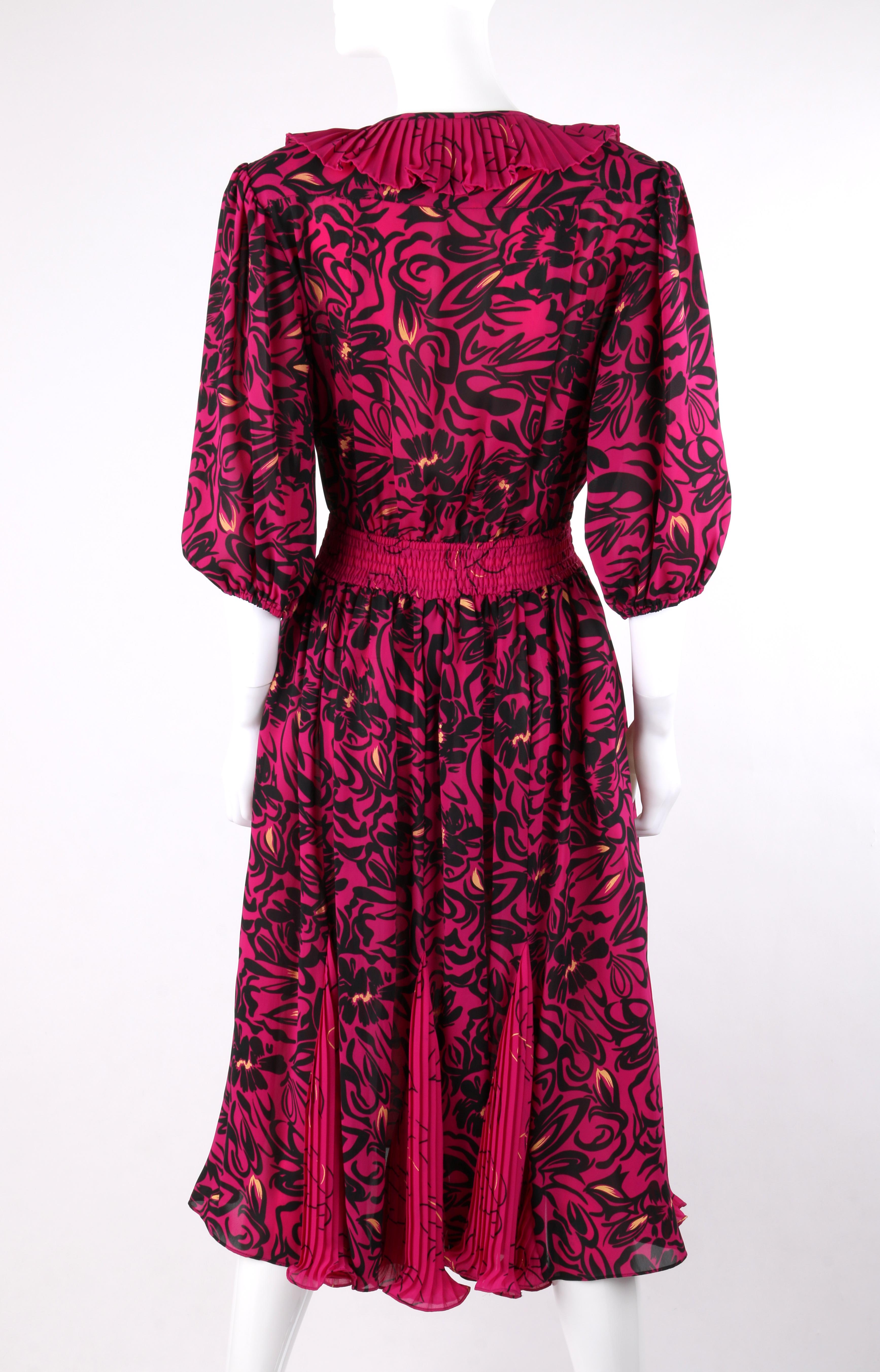 Red ASSORTI for SUSAN FREIS c.1980’s Purple Black Floral Pleated Ruffle Midi Dress