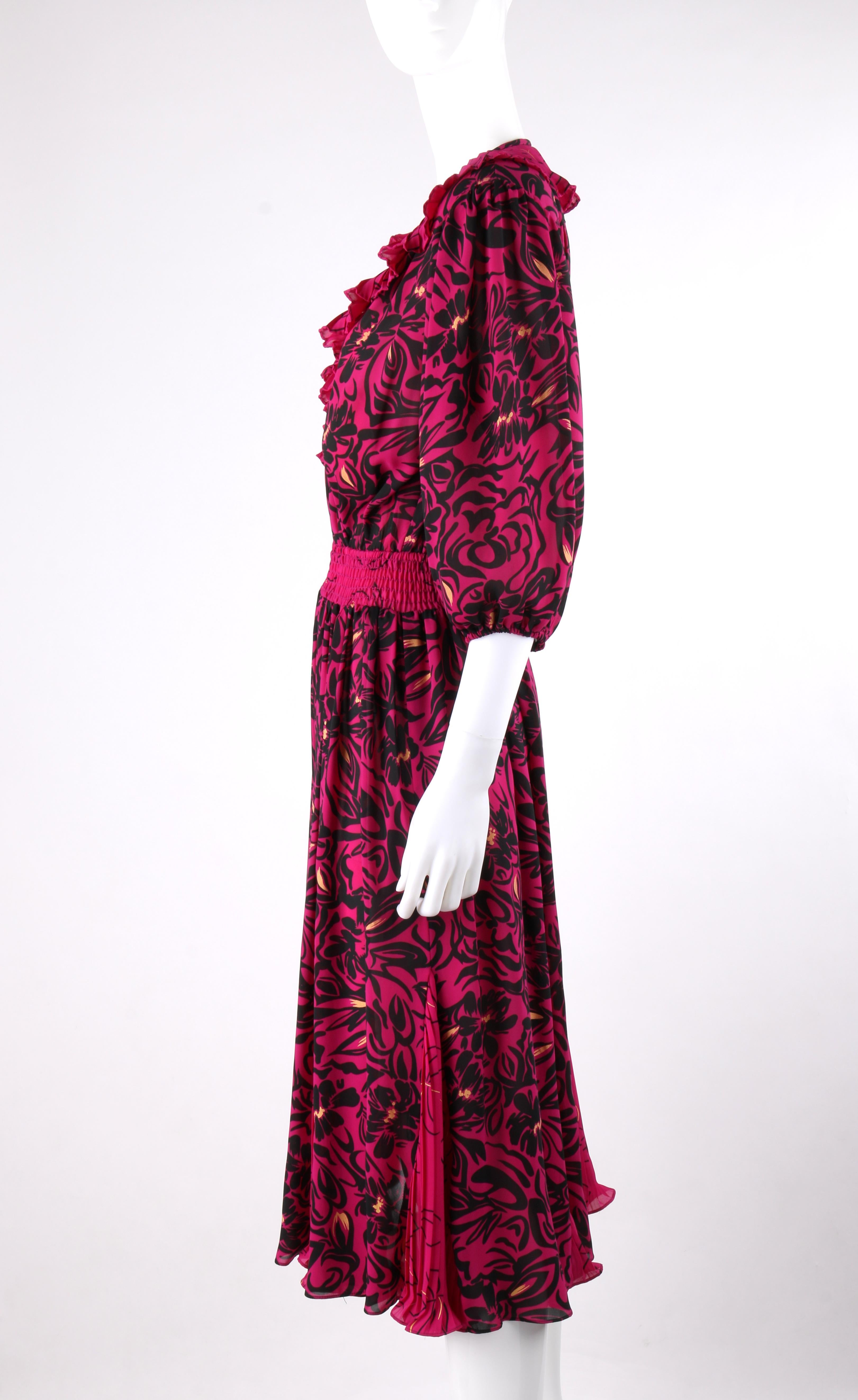 ASSORTI for SUSAN FREIS c.1980’s Purple Black Floral Pleated Ruffle Midi Dress In Good Condition In Thiensville, WI