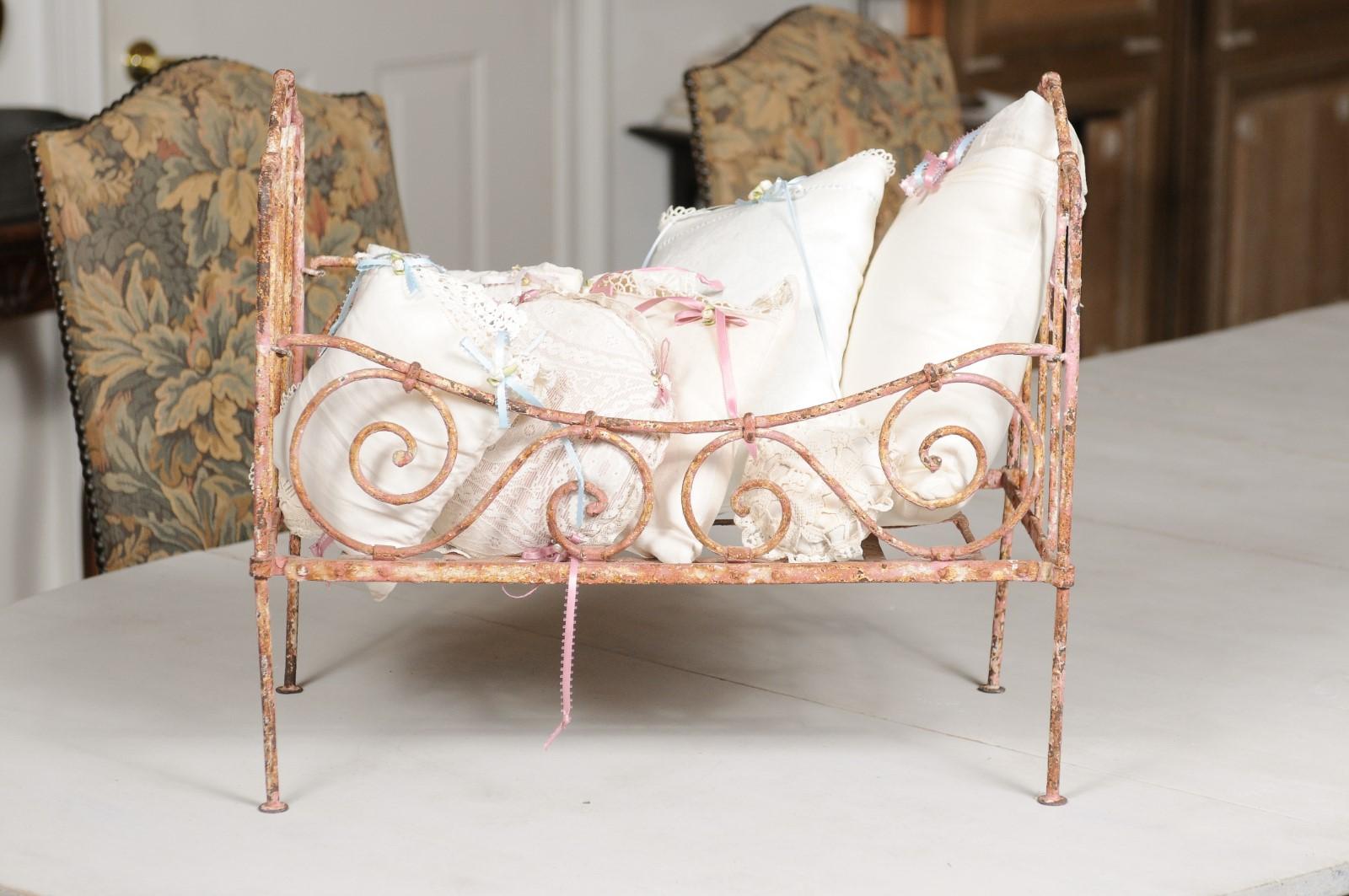 Assortment of Vintage Lace Pillows in 19th Century Metal Crib with Great Patina For Sale 3