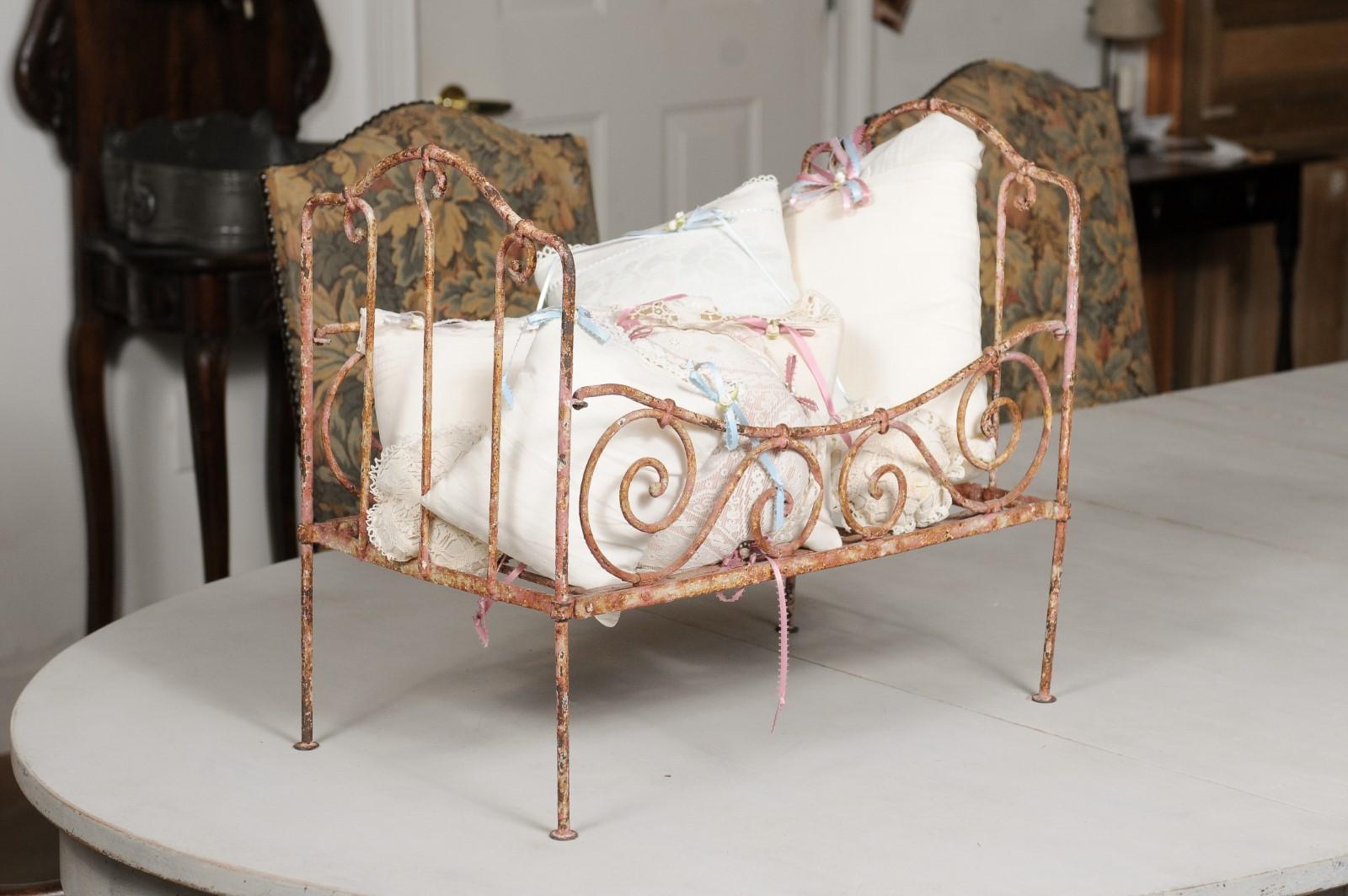 Assortment of Vintage Lace Pillows in 19th Century Metal Crib with Great Patina For Sale 4