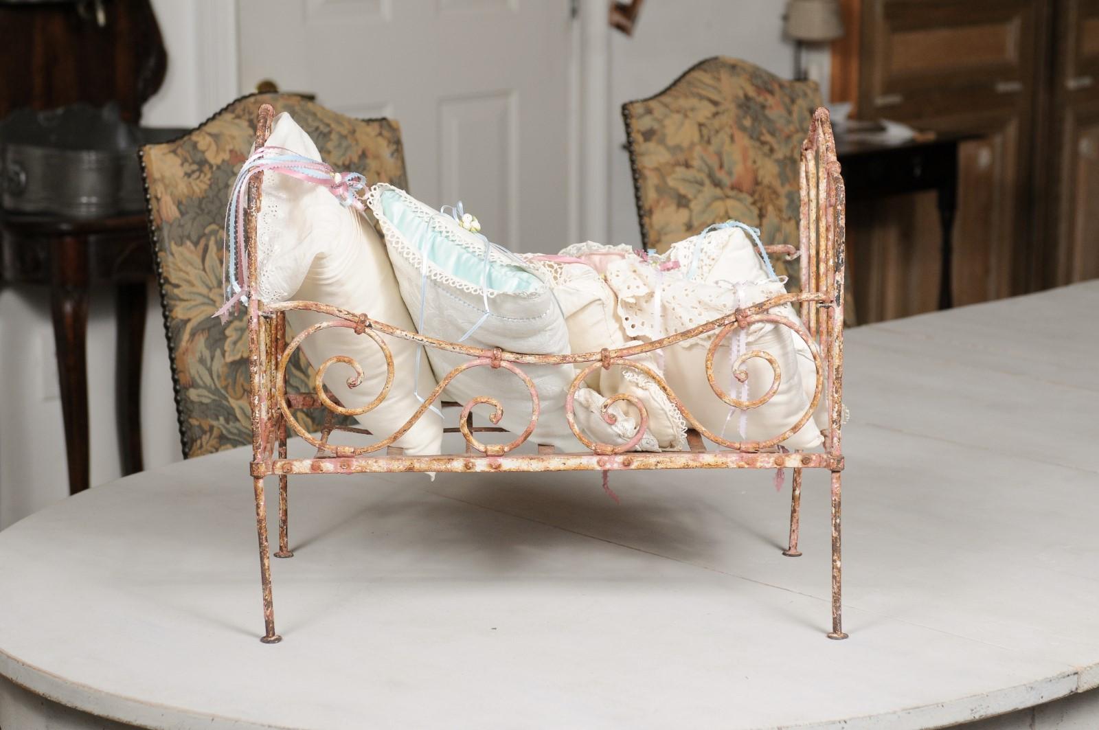 French Assortment of Vintage Lace Pillows in 19th Century Metal Crib with Great Patina For Sale