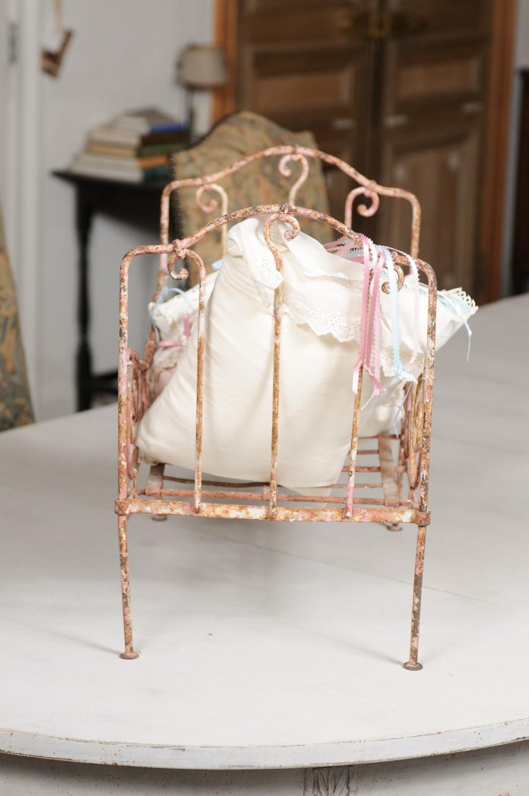 Assortment of Vintage Lace Pillows in 19th Century Metal Crib with Great Patina For Sale 1