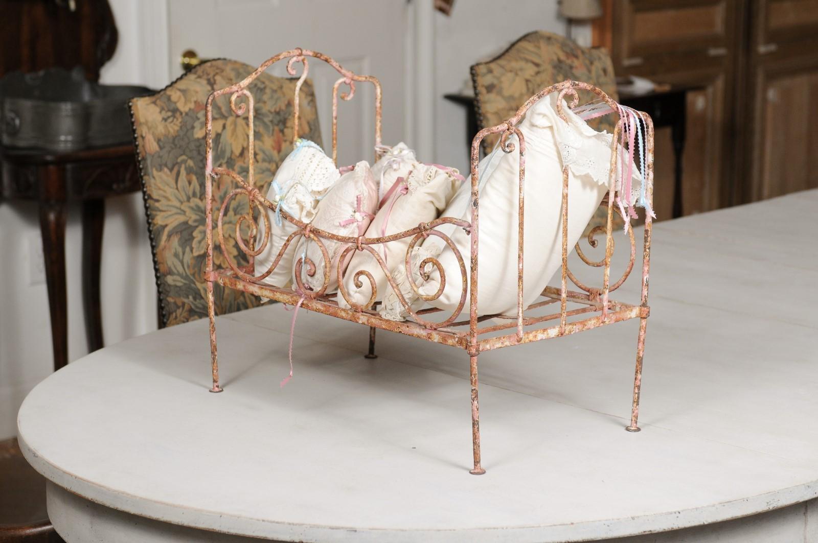 Assortment of Vintage Lace Pillows in 19th Century Metal Crib with Great Patina For Sale 2