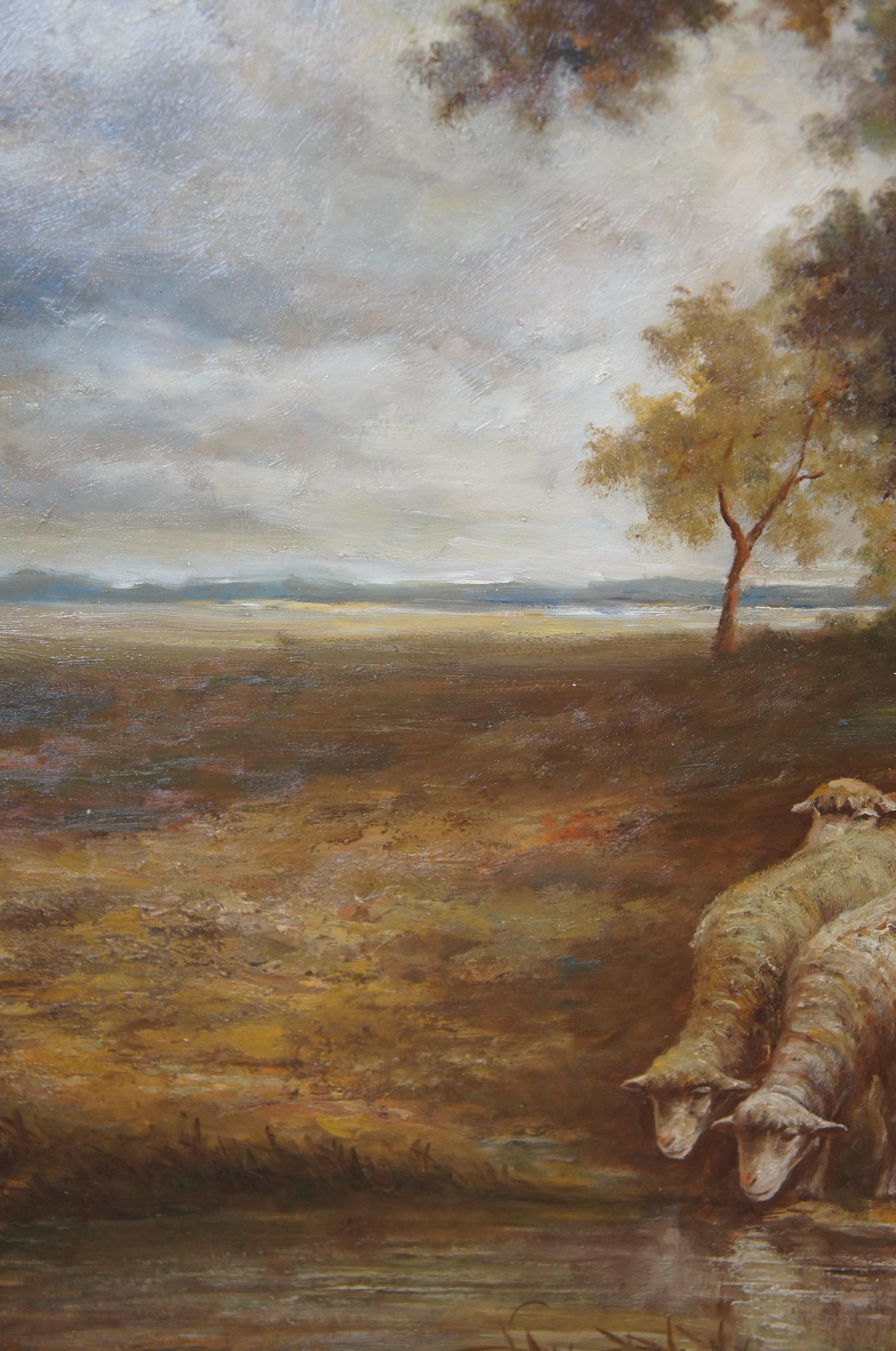 Peinture à l'huile sur toile « Assteyn Sheep Grazing Countryside Landscape » 49 po en vente 5