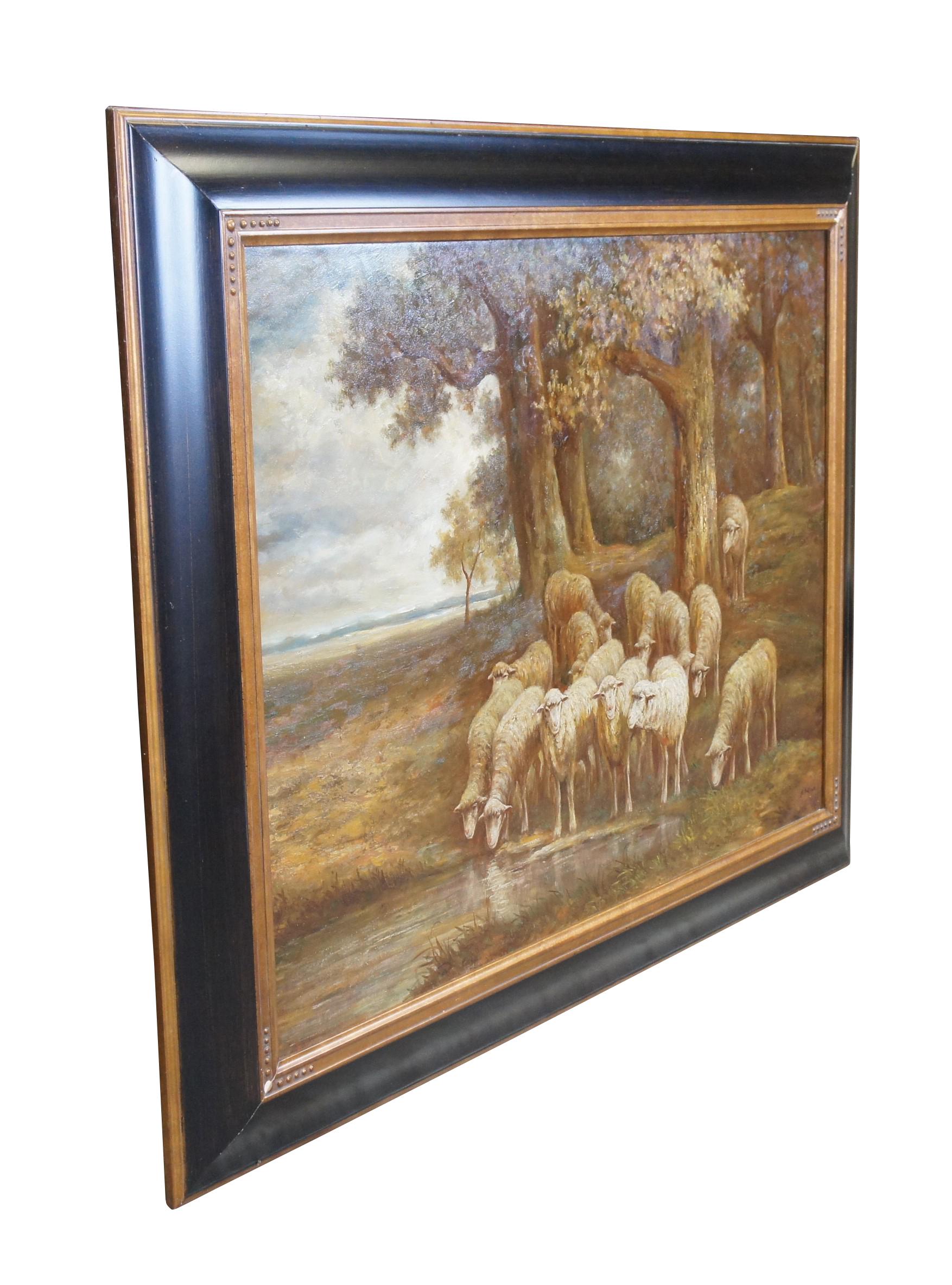 Très grande peinture à l'huile sur toile vintage de H Assteyn représentant un troupeau de moutons / agneaux broutant à l'orée d'une forêt.  Encadré dans un cadre en or ébonisé.

Dimensions :
38.5