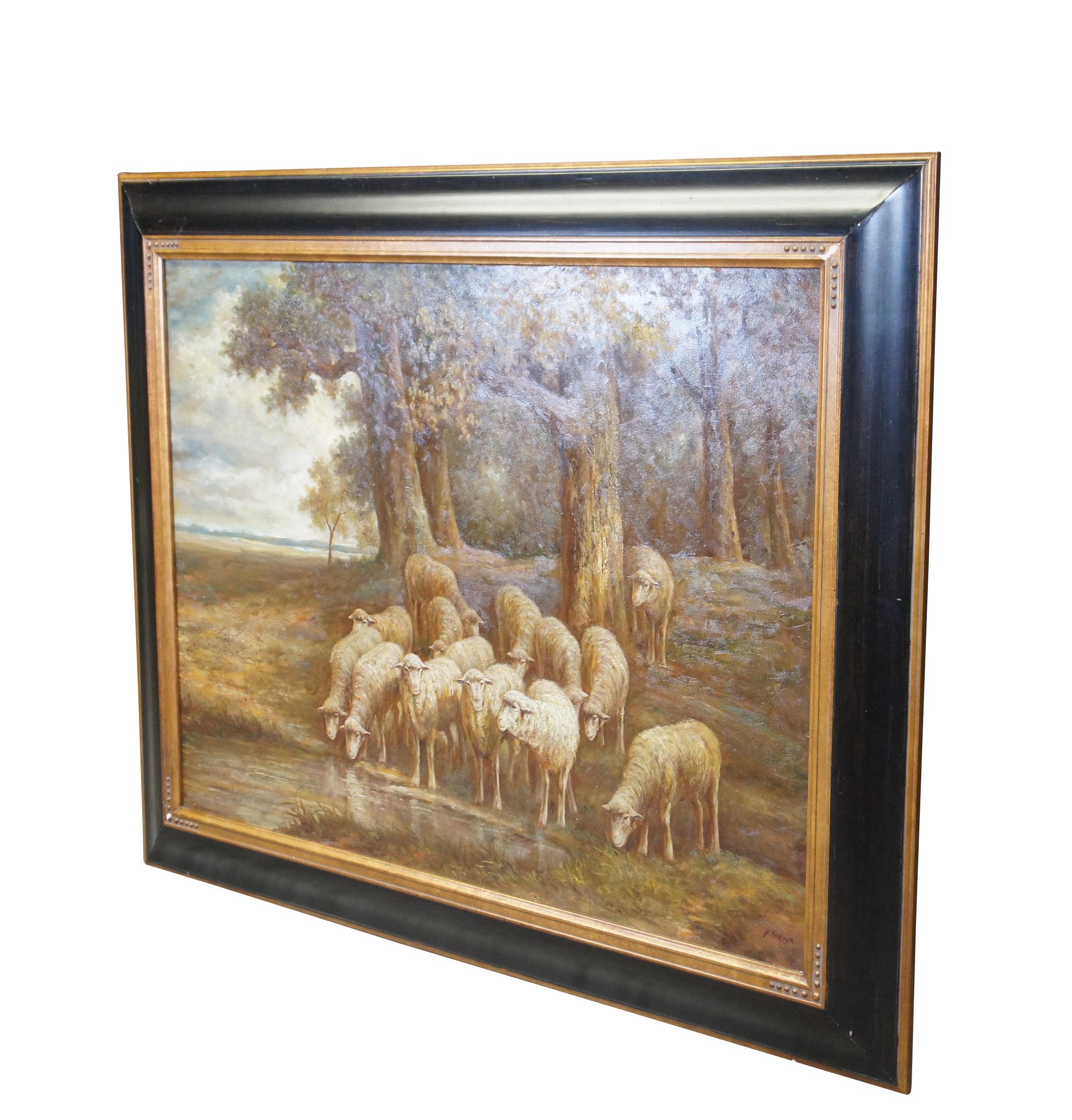 Peinture à l'huile sur toile « Assteyn Sheep Grazing Countryside Landscape » 49 po Bon état - En vente à Dayton, OH