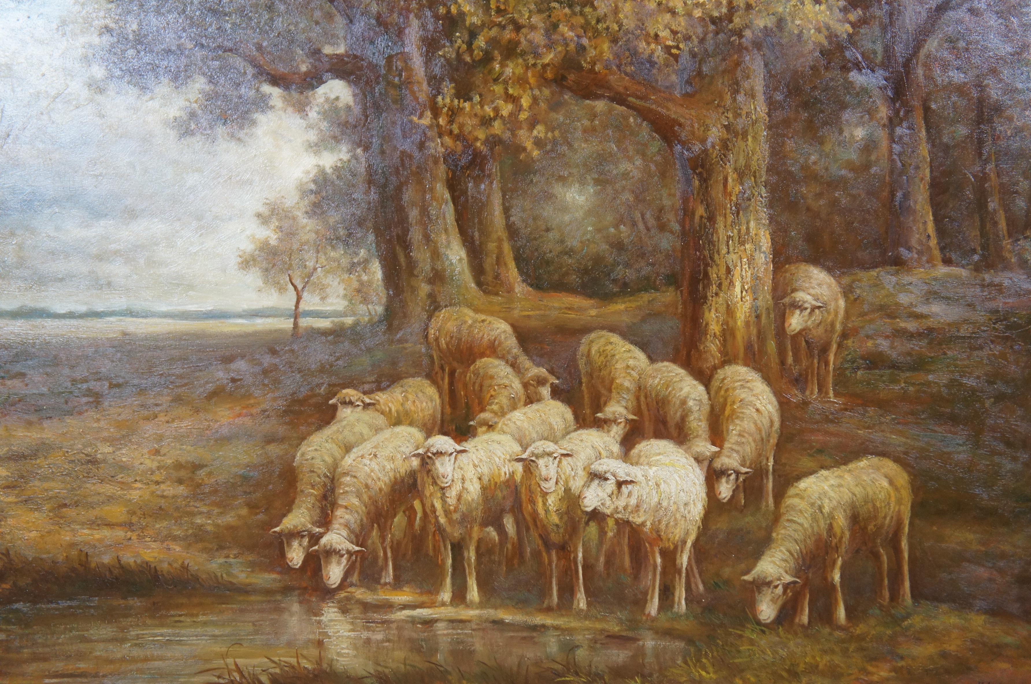 20ième siècle Peinture à l'huile sur toile « Assteyn Sheep Grazing Countryside Landscape » 49 po en vente