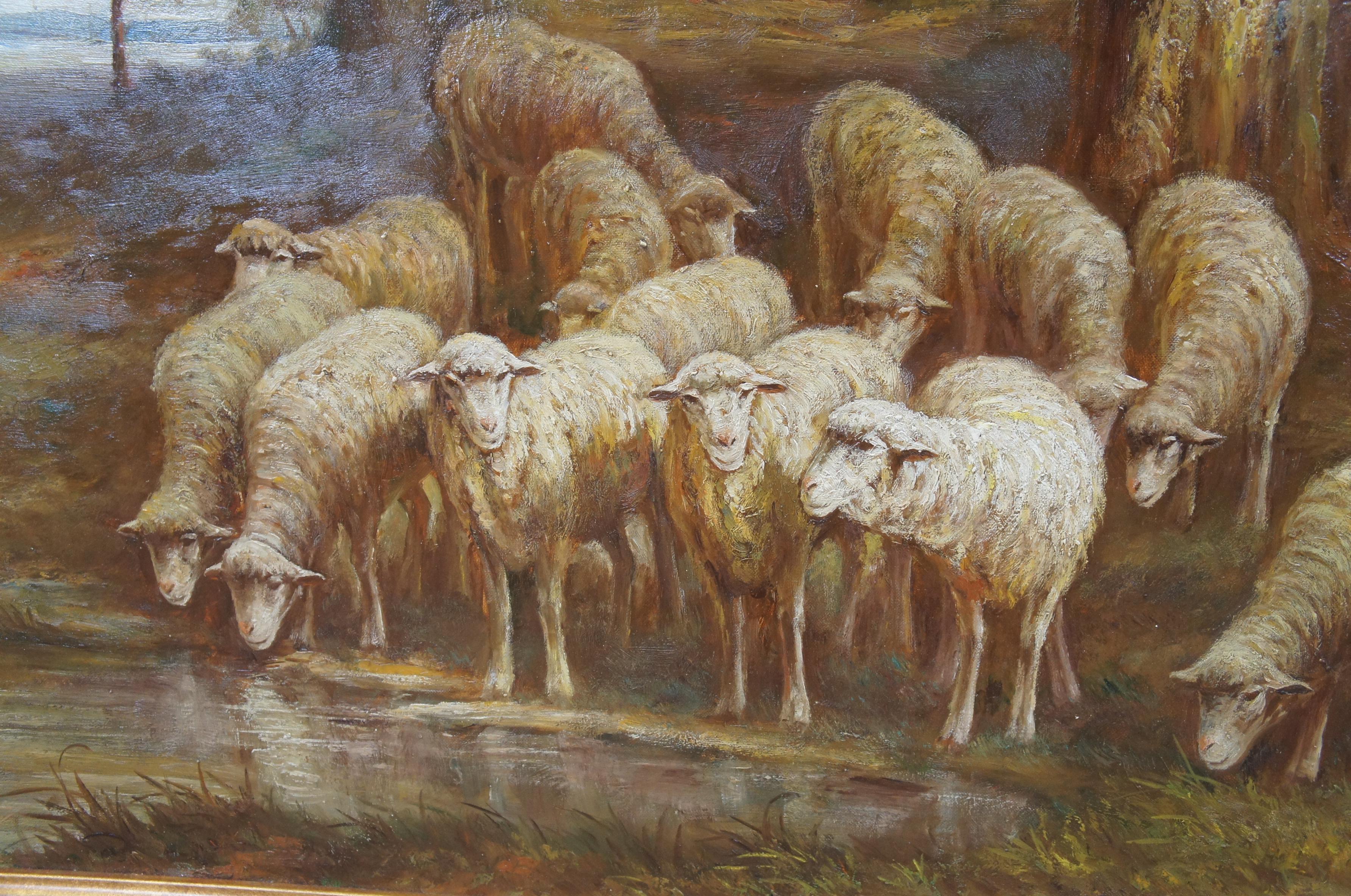 Peinture à l'huile sur toile « Assteyn Sheep Grazing Countryside Landscape » 49 po en vente 1