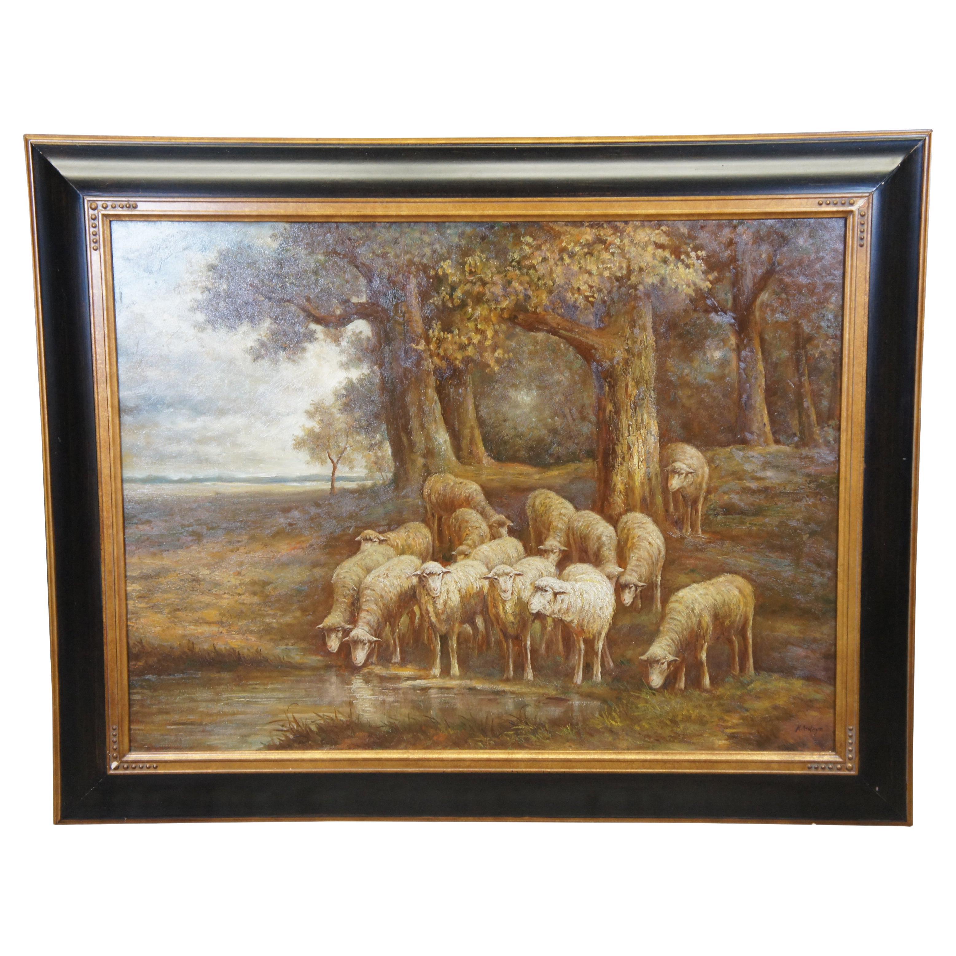 Peinture à l'huile sur toile « Assteyn Sheep Grazing Countryside Landscape » 49 po en vente