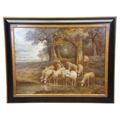 Vintage Assteyn Sheep Grazing Countryside Landscape Oil Painting on Canvas 49"