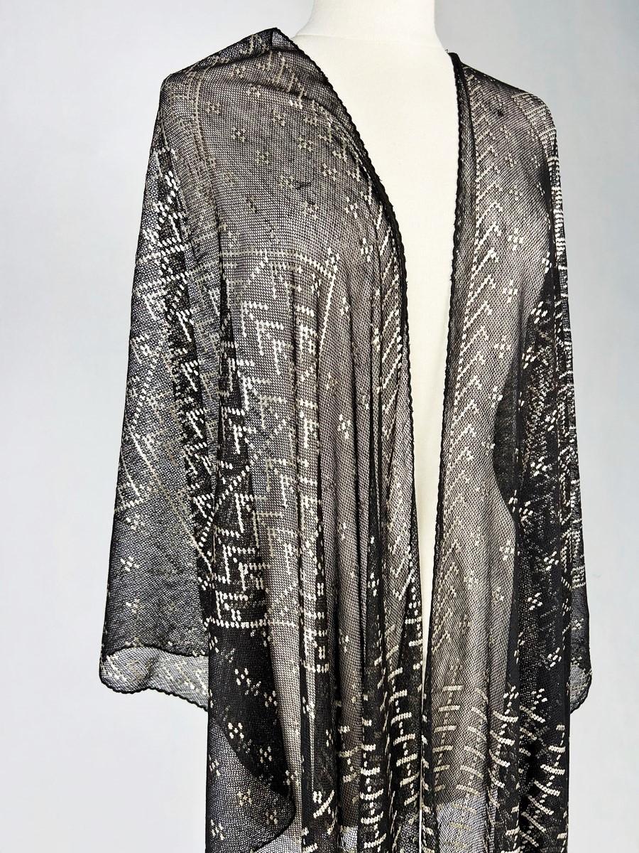 Nero Stola Assuit in voile di cotone e lame in metallo argentato - Egitto Circa 1930 in vendita