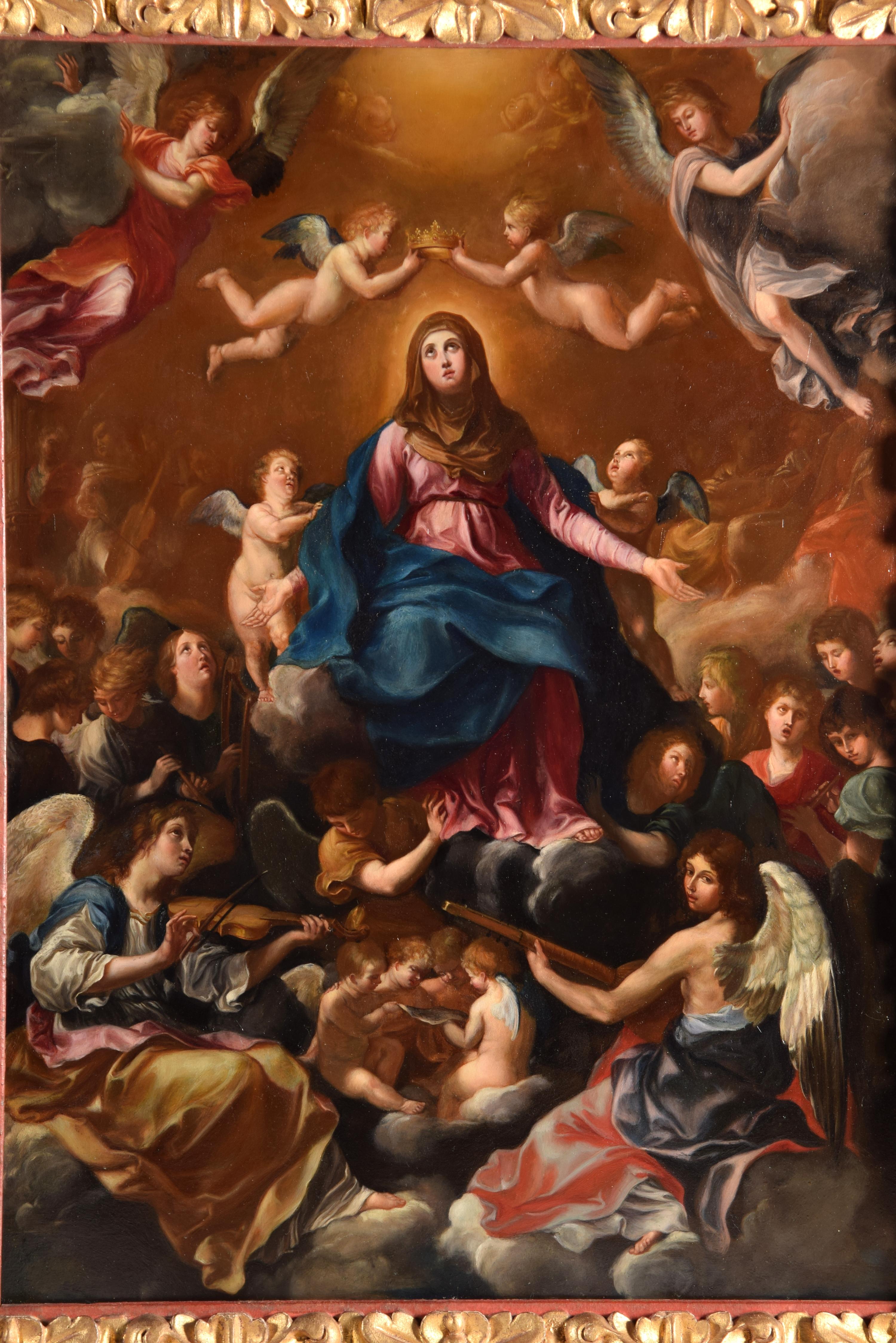Assumption of the Virgin Mary. Oil on Copper Possibly late 17th century Following models by Guido Reni (Bologna, 1575-1642). 
Has faults. 
Oil on copper that shows the Virgin Mary seated on clouds, dressed in a red tunic and a blue mantle, in a