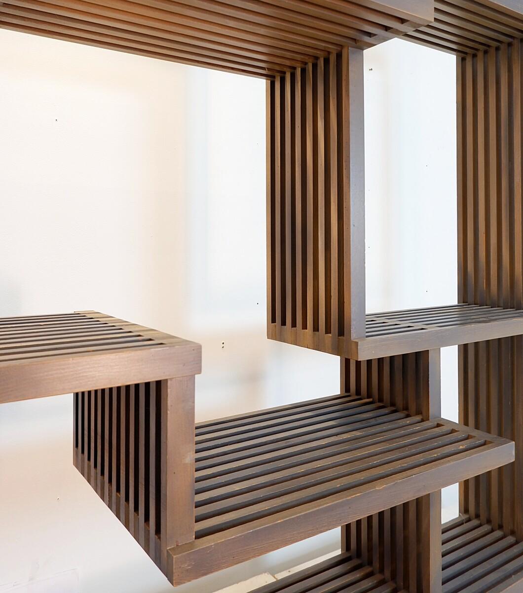 Assymetrical shelf in stained wood, 1980's - Room Divider Shelf For Sale 5