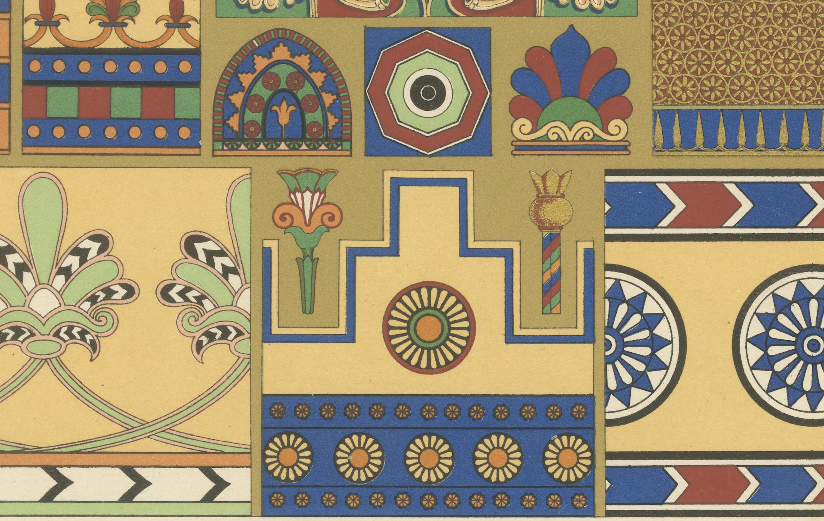 Gravure sur ornement assyrien - Lithographie en couleurs de motifs et symboles anciens, c.1869

Cette chromolithographie visuellement captivante illustre un large éventail de motifs ornementaux assyriens, tirés de l'art et de l'architecture de la
