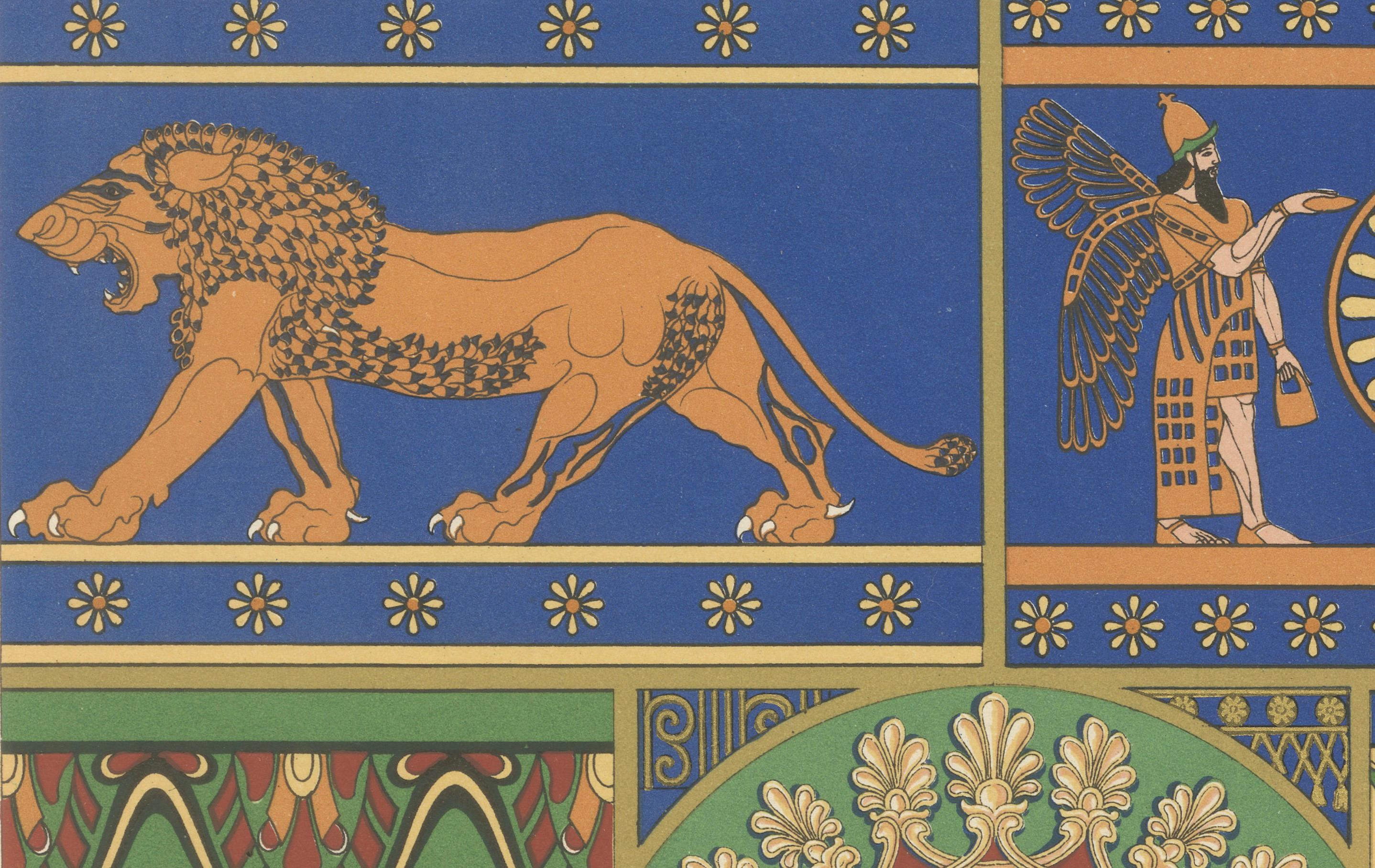 Gravure sur ornement assyrien - Lithographie en couleurs de motifs et symboles anciens, c.1869 Bon état - En vente à Langweer, NL