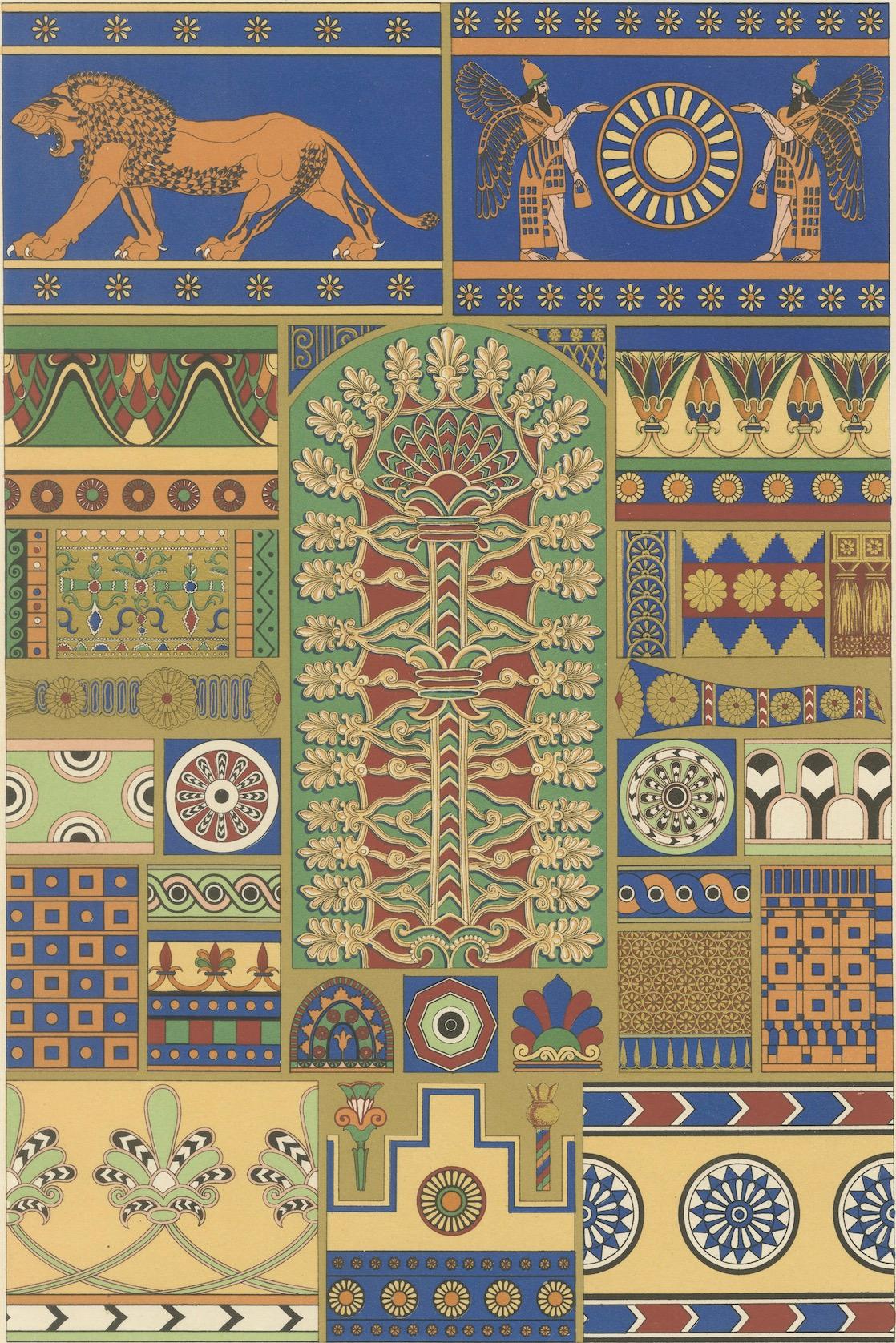 Gravure sur ornement assyrien - Lithographie en couleurs de motifs et symboles anciens, c.1869 en vente 1