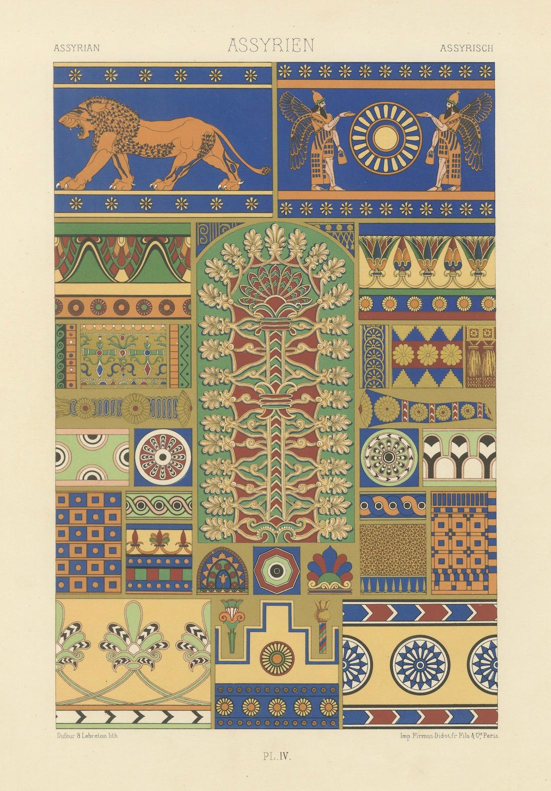 Gravure sur ornement assyrien - Lithographie en couleurs de motifs et symboles anciens, c.1869 en vente 2