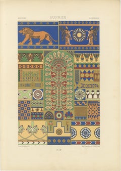 Grabado de ornamentos asirios - Litografía en color de motivos y símbolos antiguos, c.1869